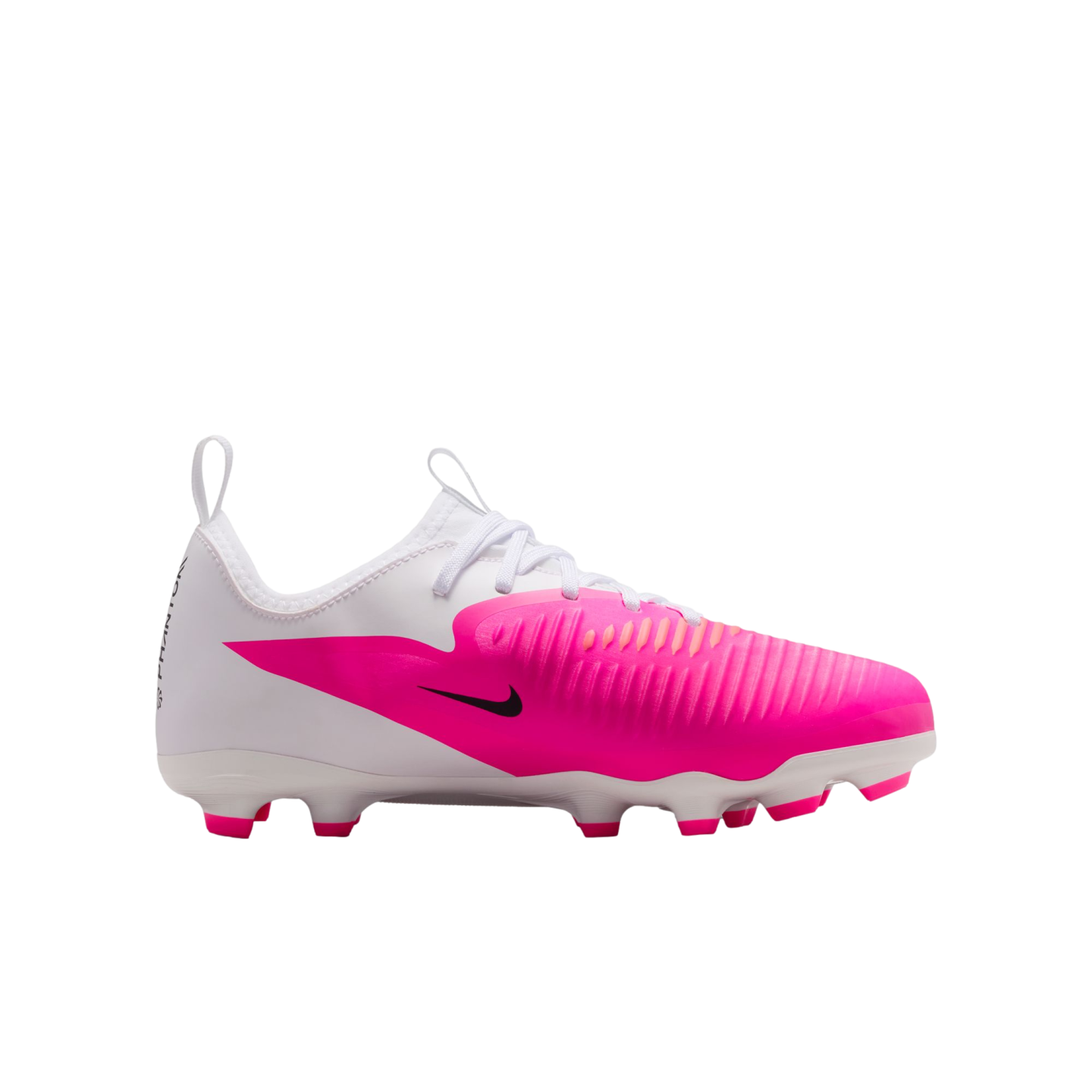 White Nike Phantom soccer cleat with a vibrant pink forefoot, a black swoosh, and pink-tipped studs.