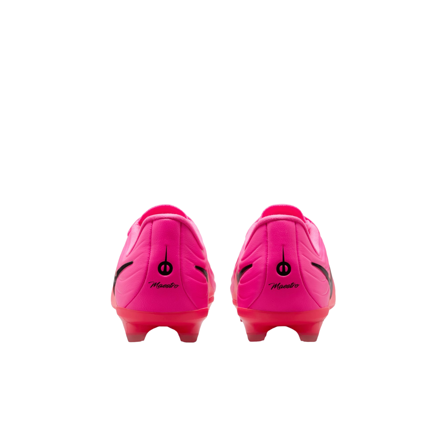 Rear view of a pair of bright pink soccer cleats with black "Maestro" branding on the heels and translucent red soles against a white background.
