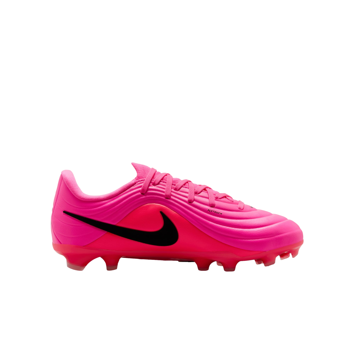 Profile of a bright pink Nike soccer cleat with a black swoosh and ridged upper. Includes pink laces and studs, set against a plain white background.