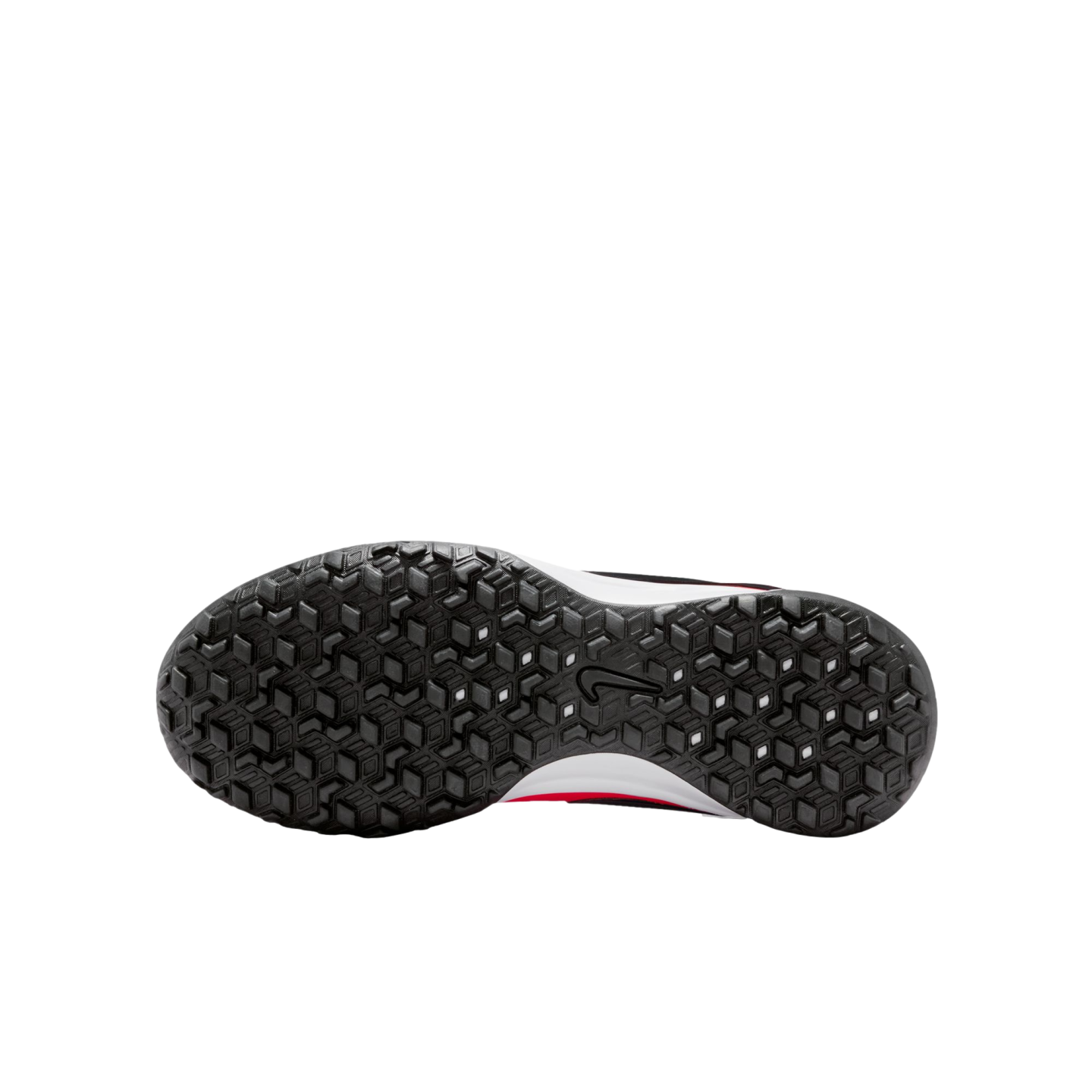 Bottom view of a black Nike shoe sole with a textured geometric tread pattern and a center swoosh logo, showing hints of a white and red midsole against a white background.