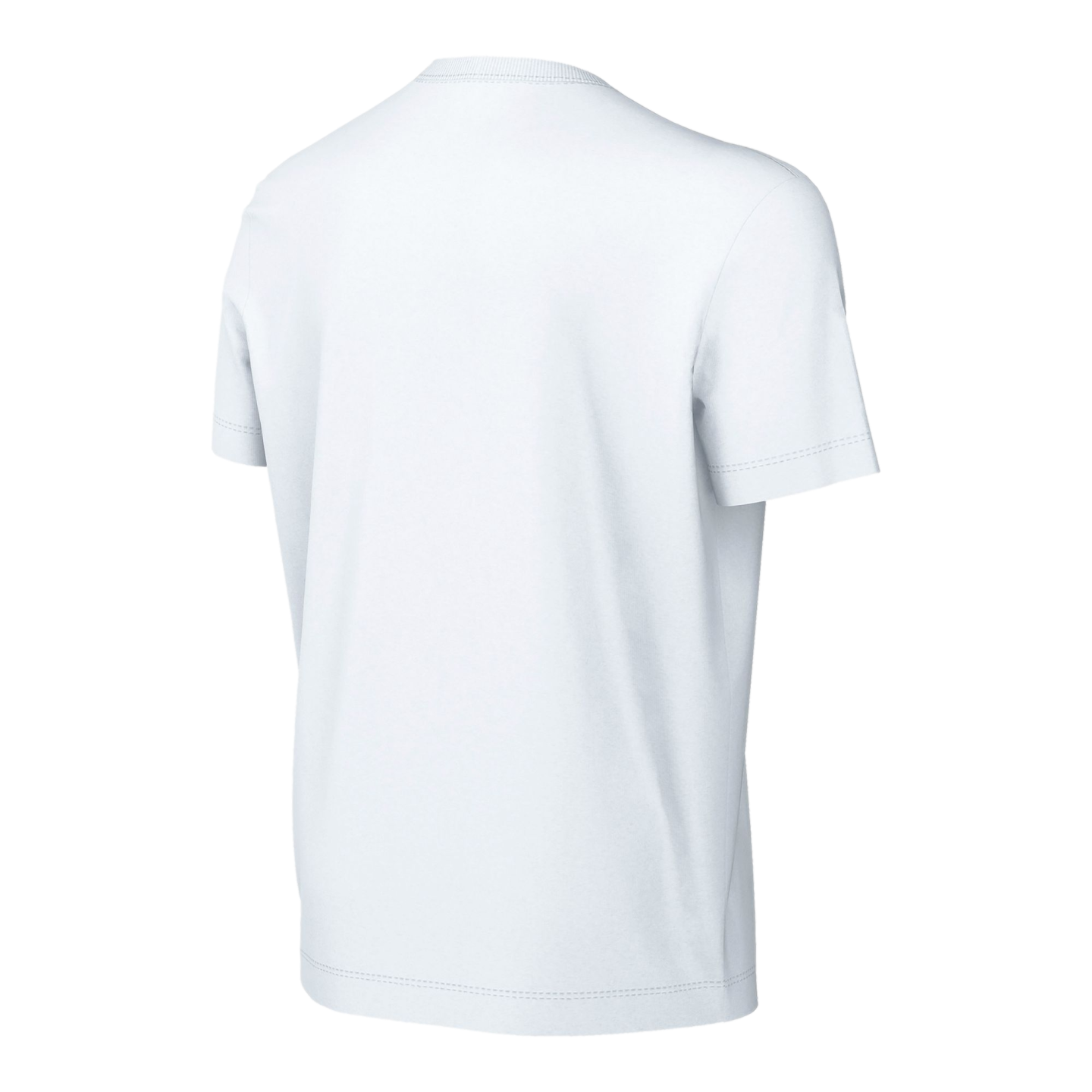 A rear view of a plain white short-sleeved t-shirt with a ribbed crew neck, shown on a solid black background.