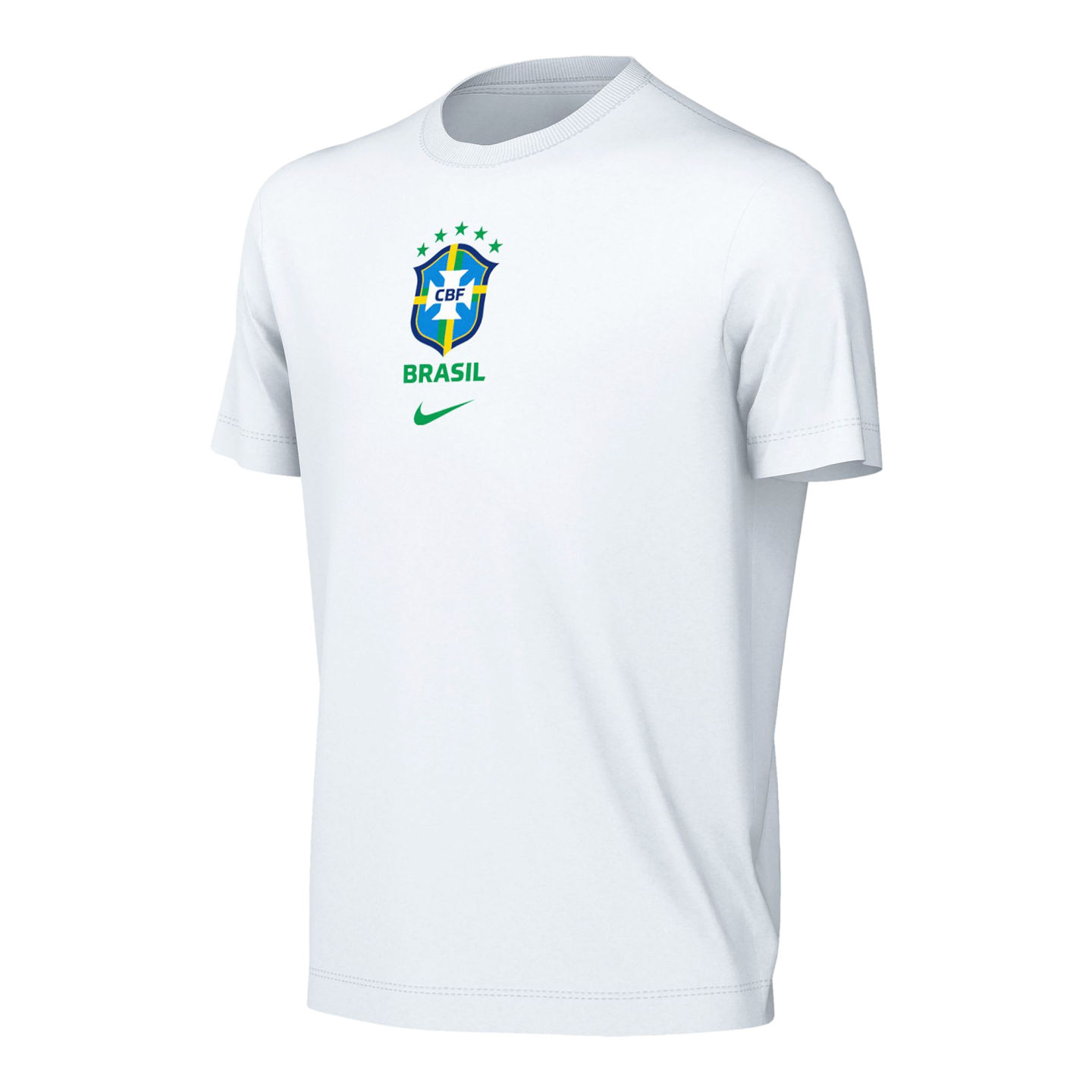 A white short-sleeve t-shirt featuring the Brazil national football team crest, the word "BRASIL," and a green Nike swoosh centered on the chest, shown against a solid black background.