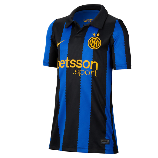 Inter Milan soccer jersey with black and blue serrated stripes, yellow Nike swoosh, team crest with two stars, and yellow "betsson .sport" sponsor logo.