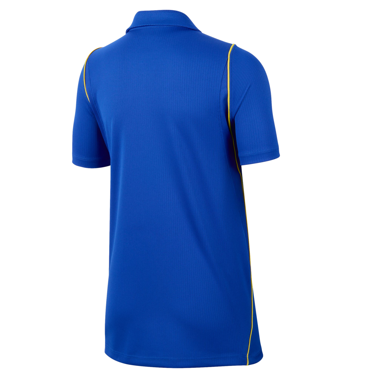 Rear view of a vibrant blue short-sleeved polo shirt featuring thin yellow piping along the side seams.