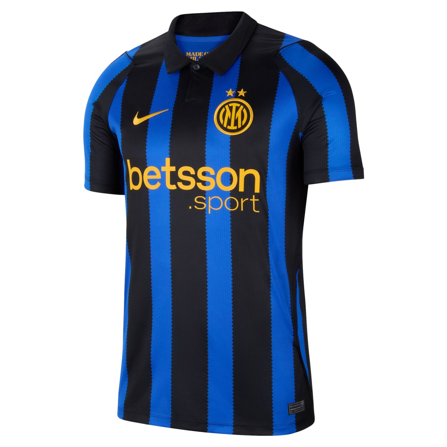 Inter Milan home jersey with blue and black vertical zigzag stripes, yellow club crest, Nike swoosh, and betsson.sport sponsor logo.