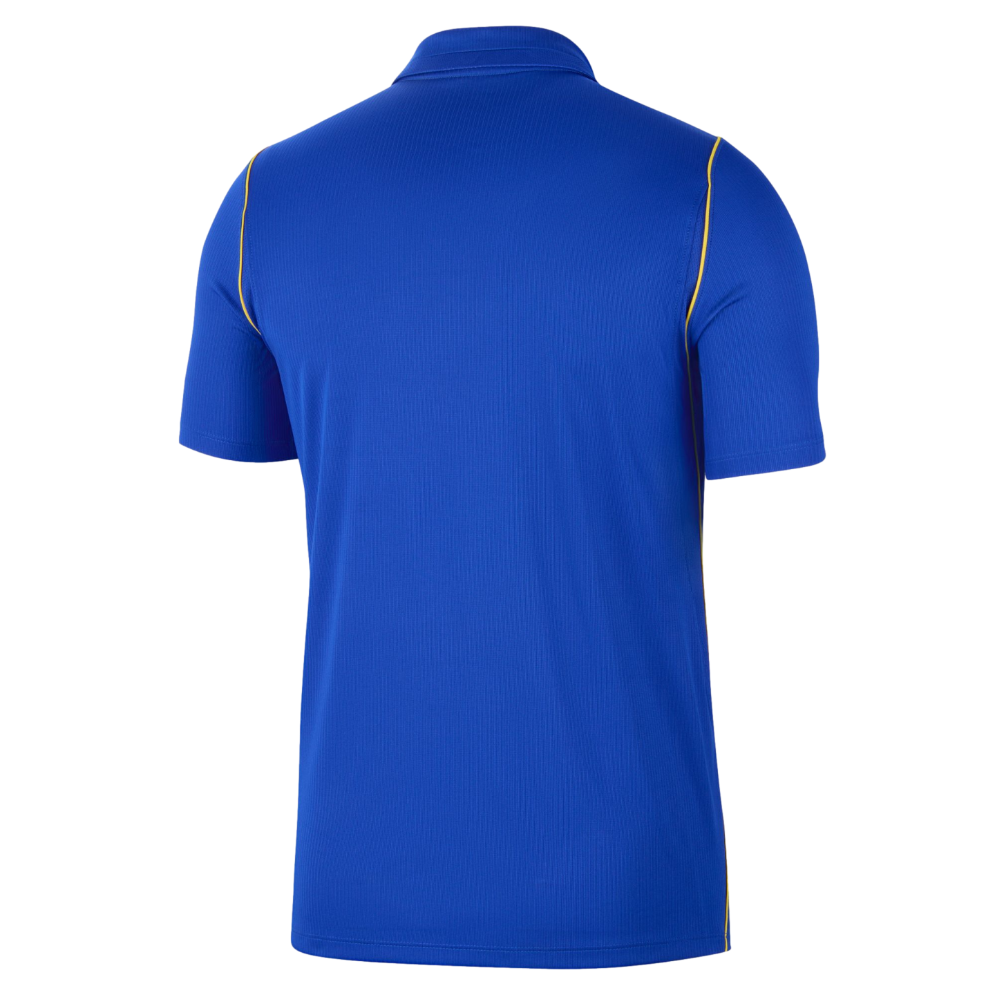 Back view of a blue short-sleeved polo shirt featuring thin yellow piping along the shoulder and side seams.