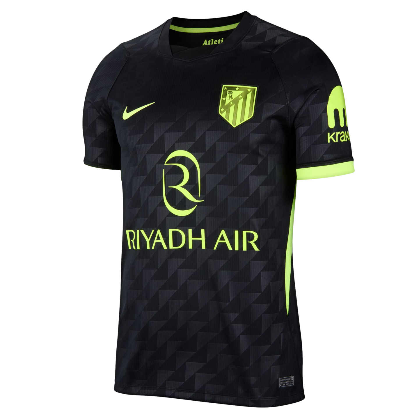 Black Atlético de Madrid football jersey with a tonal triangular pattern and neon green Nike swoosh, team crest, and Riyadh Air sponsor logo.