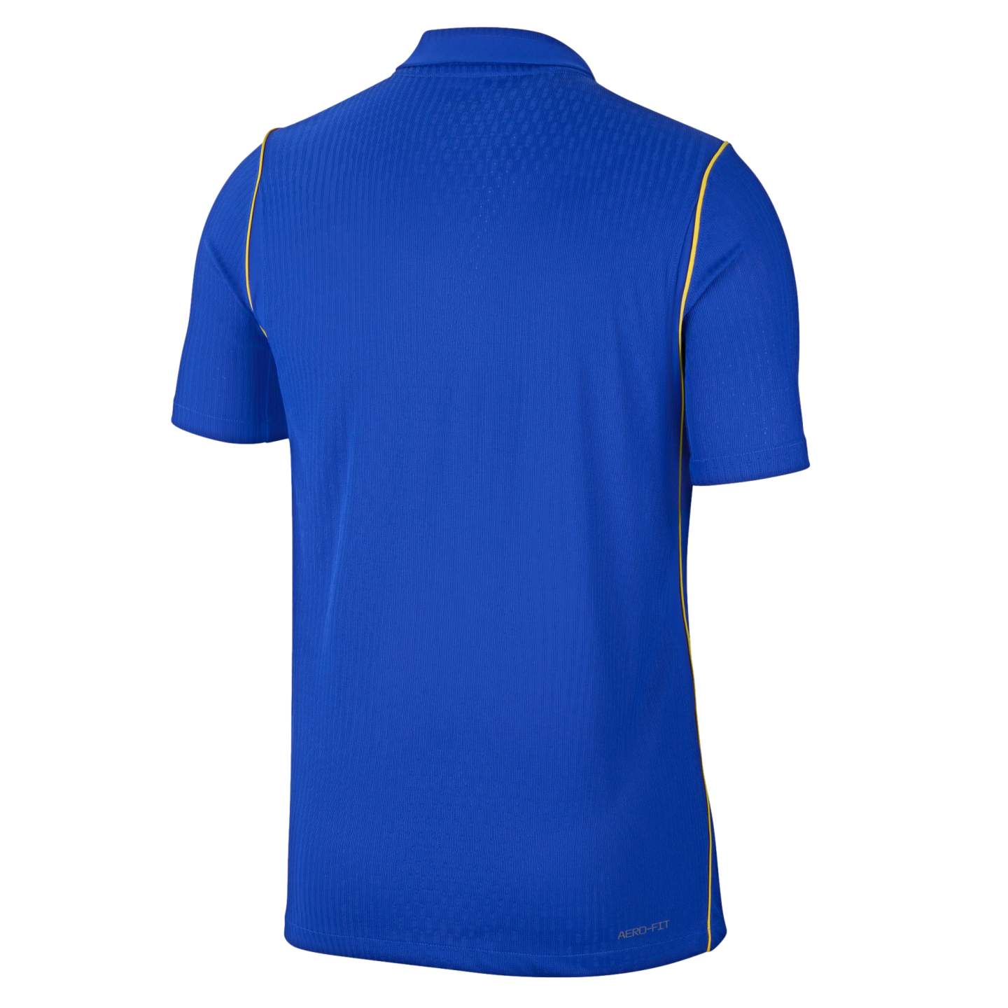 Back view of a blue short-sleeved polo shirt with yellow shoulder and side trim, a vertical-ribbed fabric texture, and a small "AERO-FIT" logo on the lower right hem.