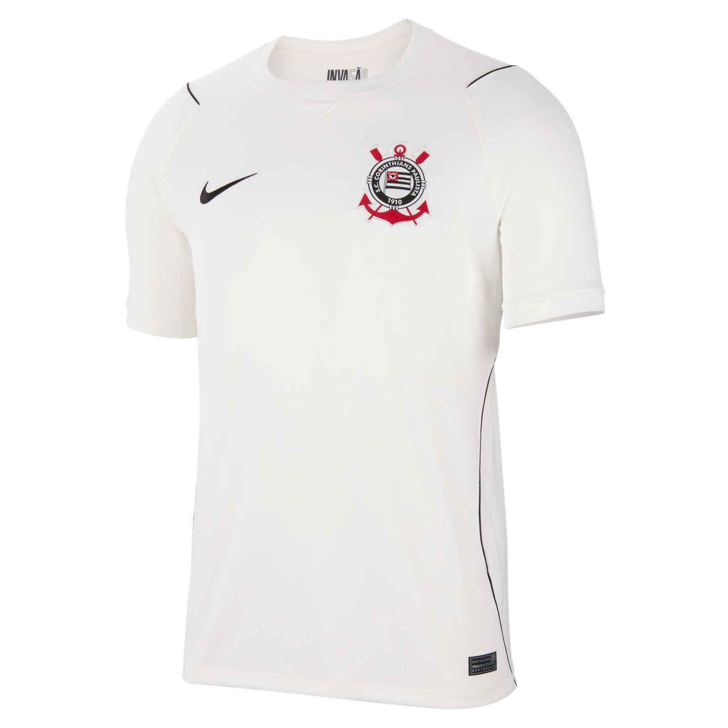 White Nike Corinthians soccer jersey featuring the club's crest on the chest, a black Nike swoosh, and thin black piping on the sides and shoulders.