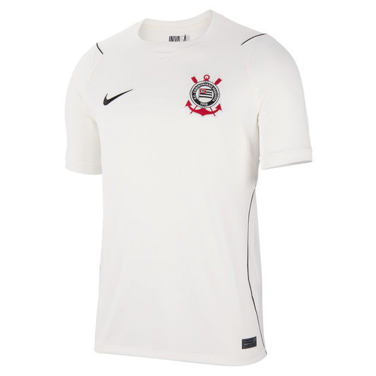 White Nike Corinthians soccer jersey featuring the club's crest on the chest, a black Nike swoosh, and thin black piping on the sides and shoulders.