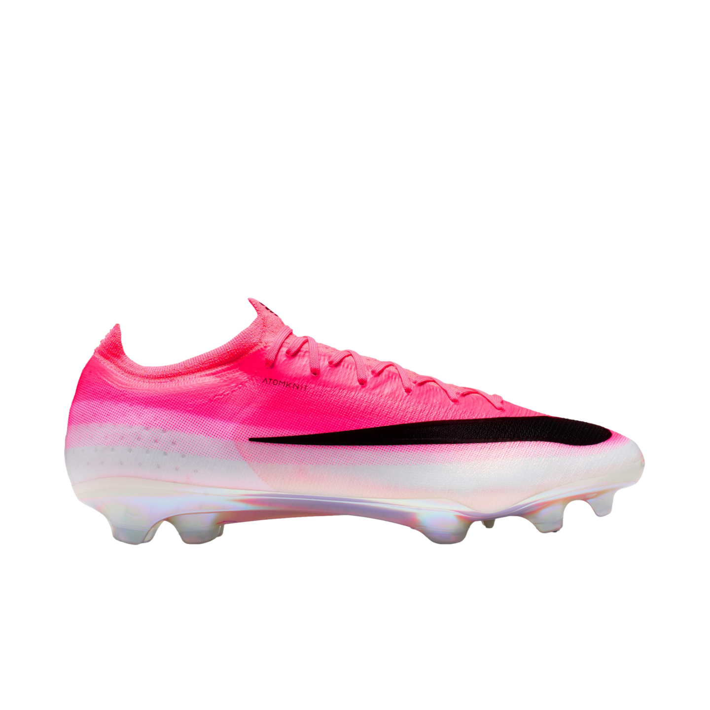 Vibrant pink and white Nike soccer cleat with a black Swoosh, shown from a side profile against a white background.