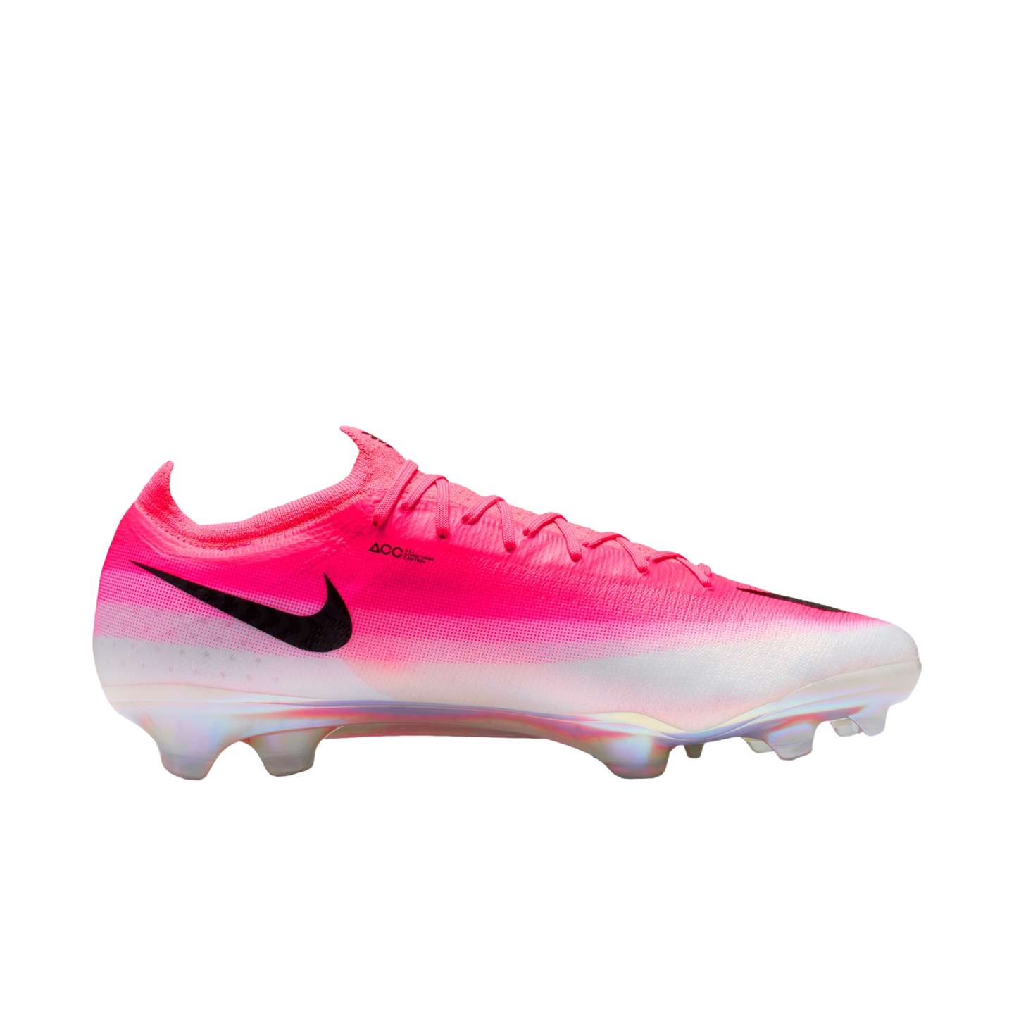 A pink and white Nike soccer cleat with a black swoosh and an iridescent soleplate, shown from a side profile against a white background.