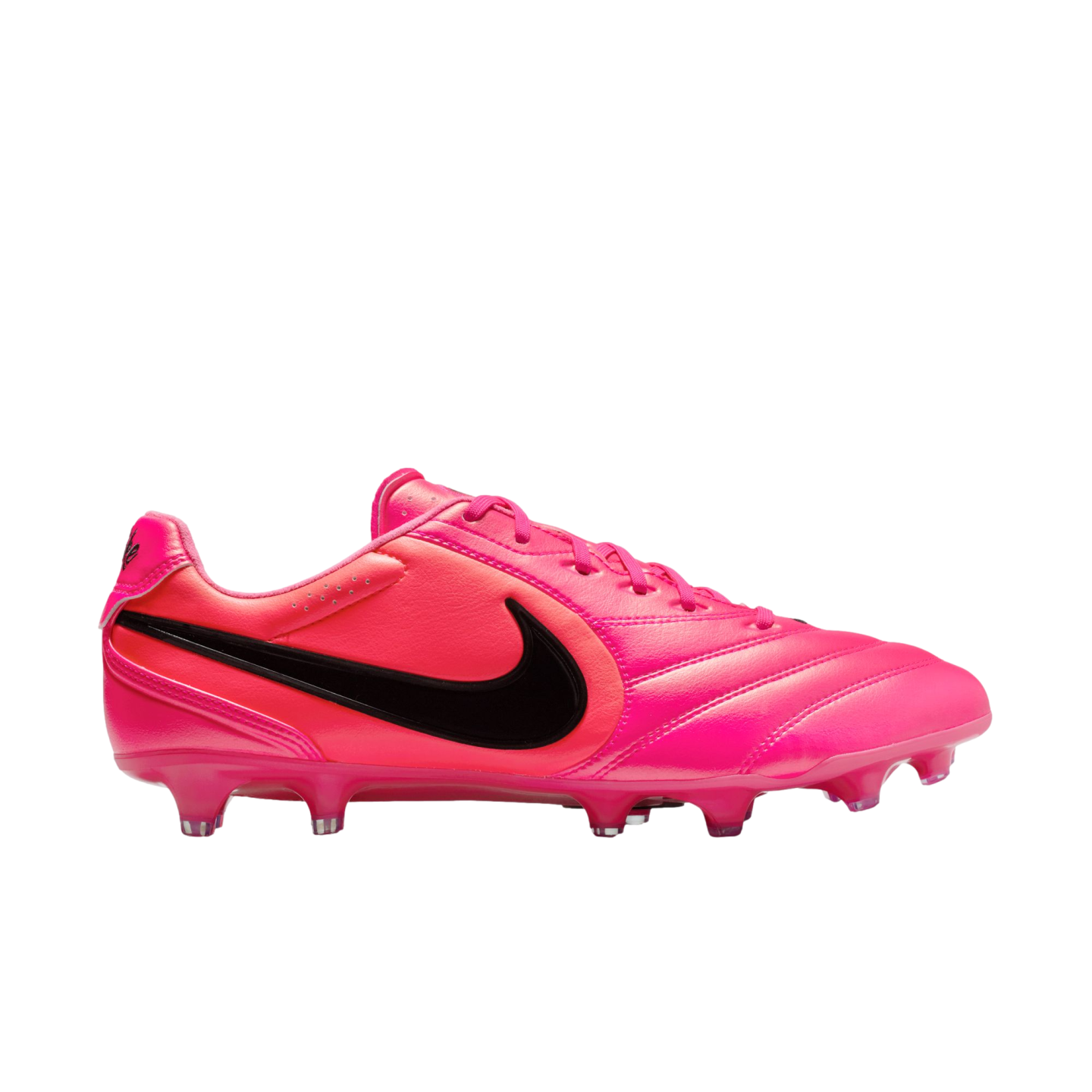Side view of a vibrant pink Nike soccer cleat with a black swoosh logo on a white background.