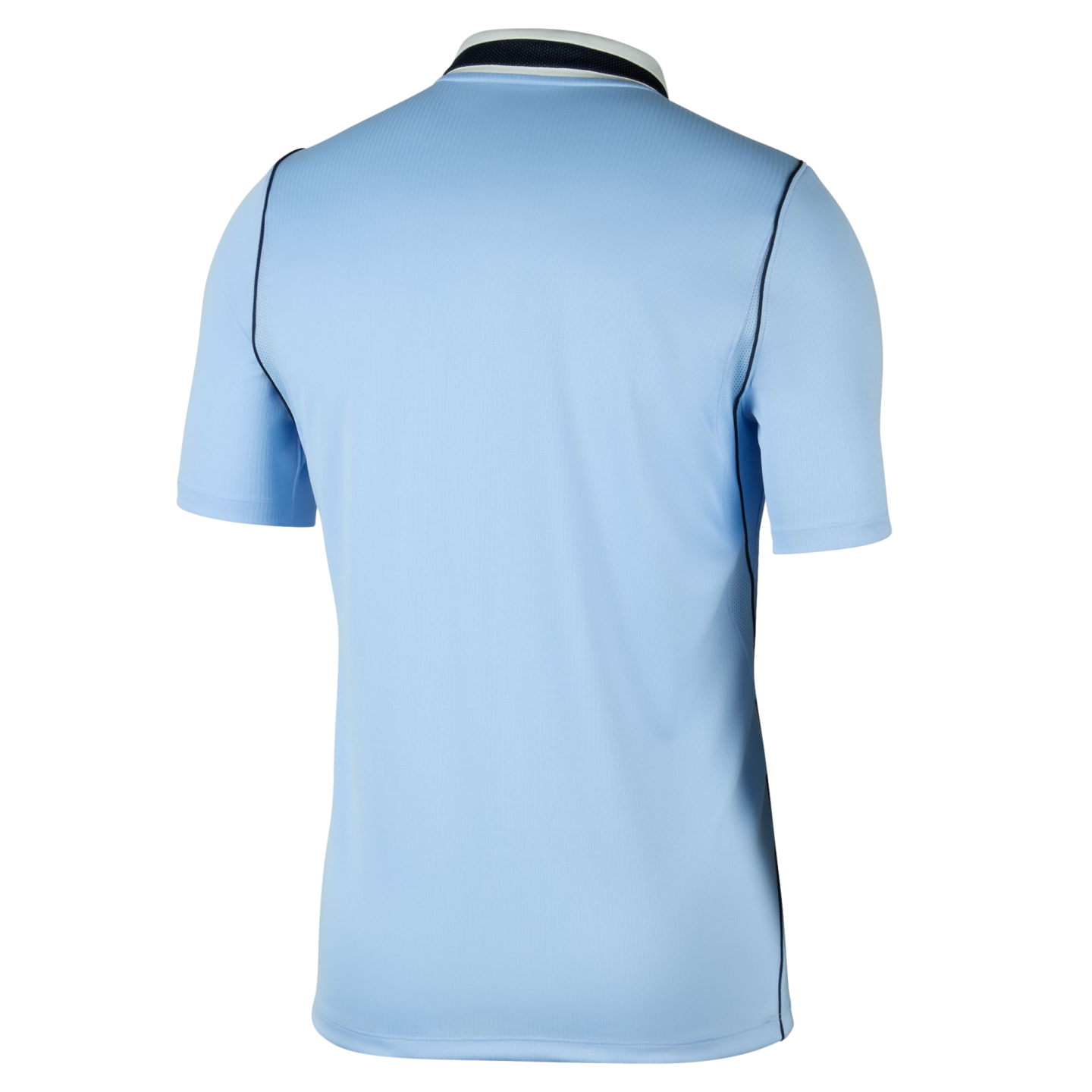 Rear view of a light blue short-sleeved sports jersey with dark trim at the collar and sides, displayed against a plain black background.