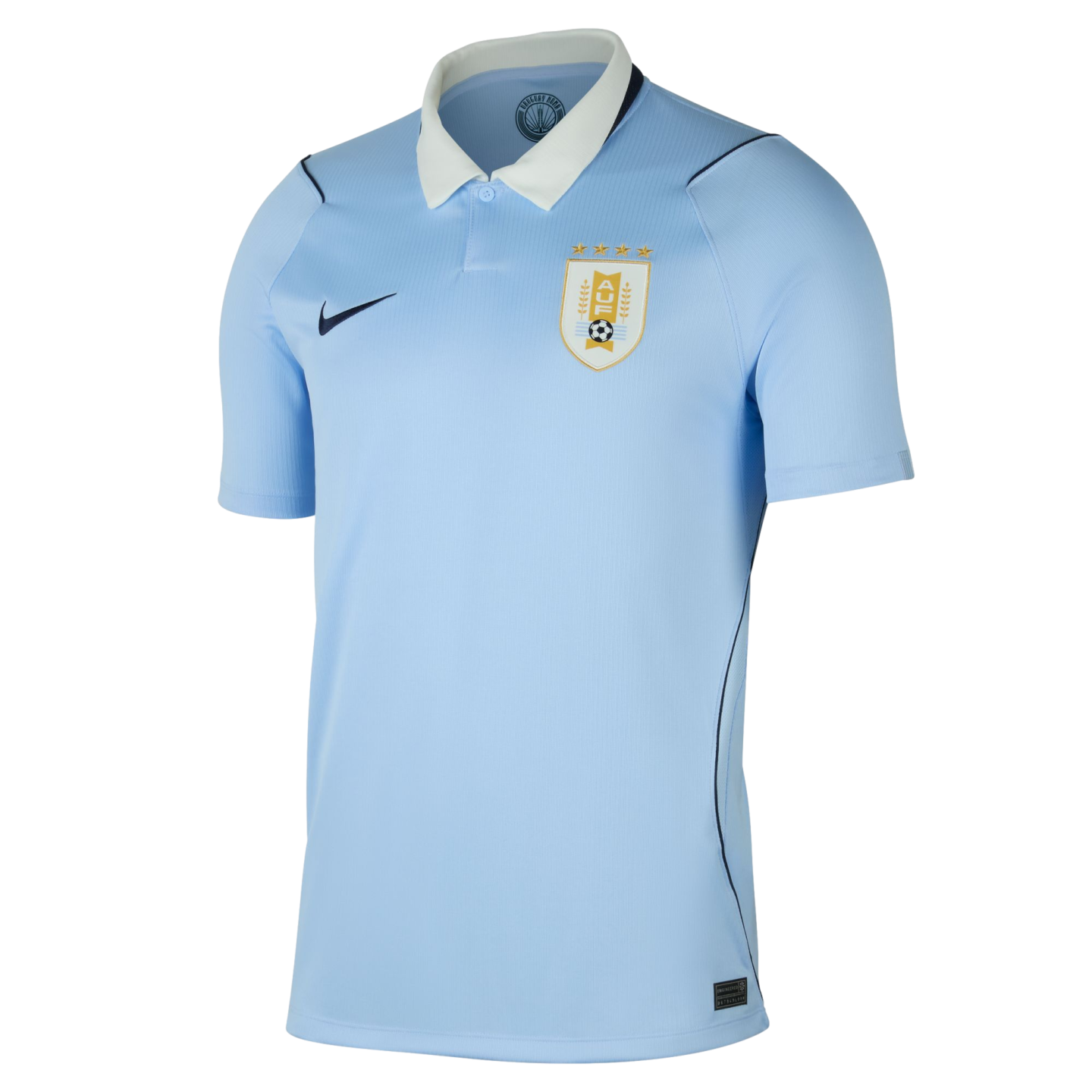 Nike light blue Uruguay national soccer team home jersey with white polo collar and team crest.