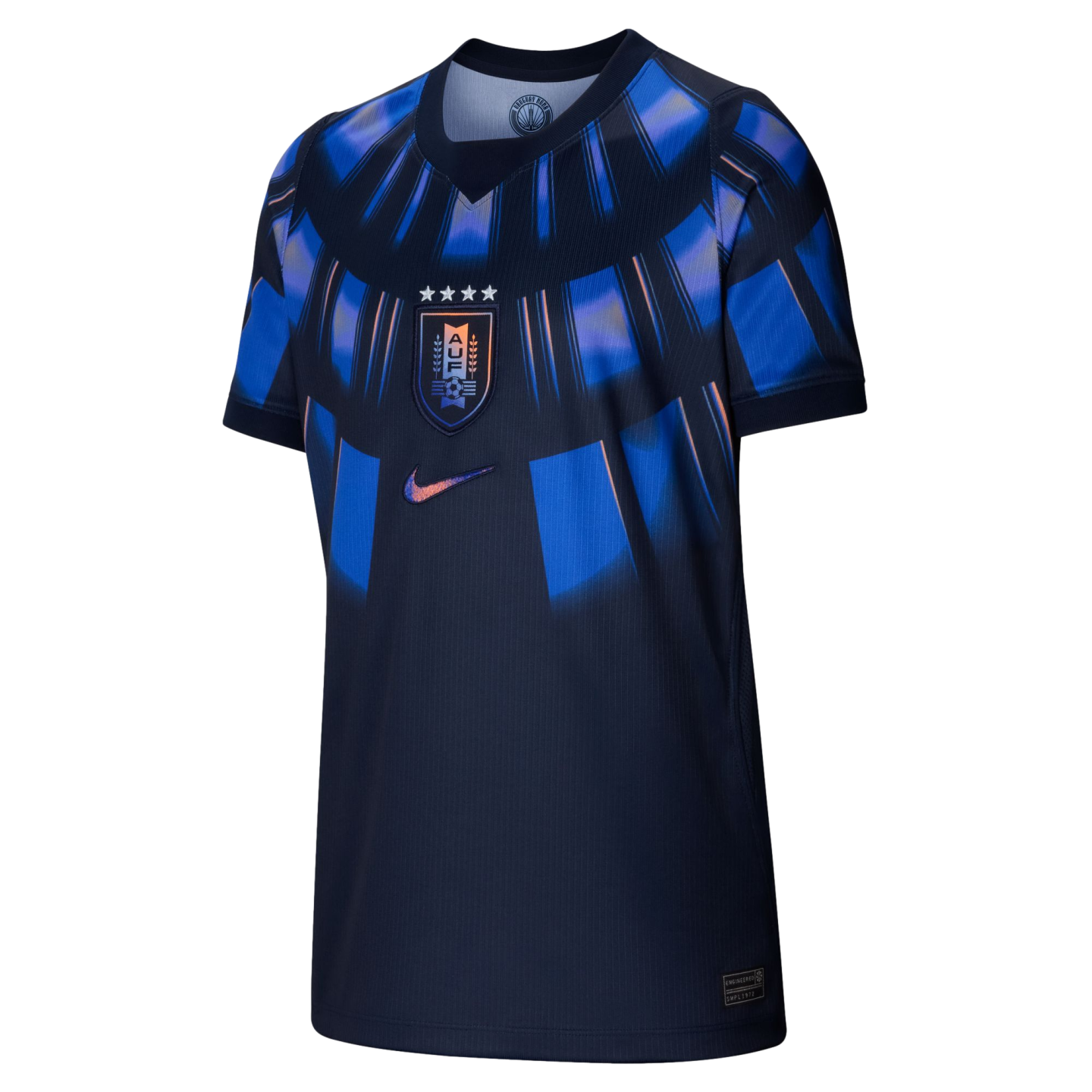 A dark navy Nike Uruguay national team soccer jersey featuring a vibrant blue and purple radiating graphic design on the chest and a centrally placed AUF crest with four stars.