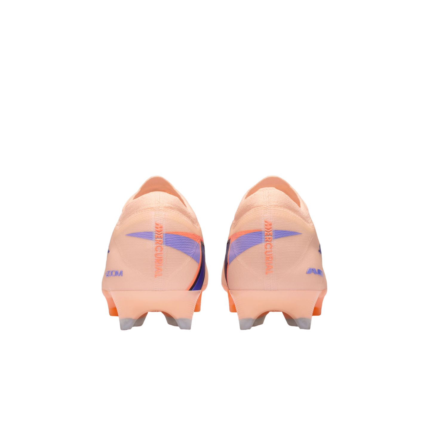 Rear view of peach Nike Mercurial soccer cleats with purple and blue accents, featuring Mercurial and Air Zoom branding on the heels.