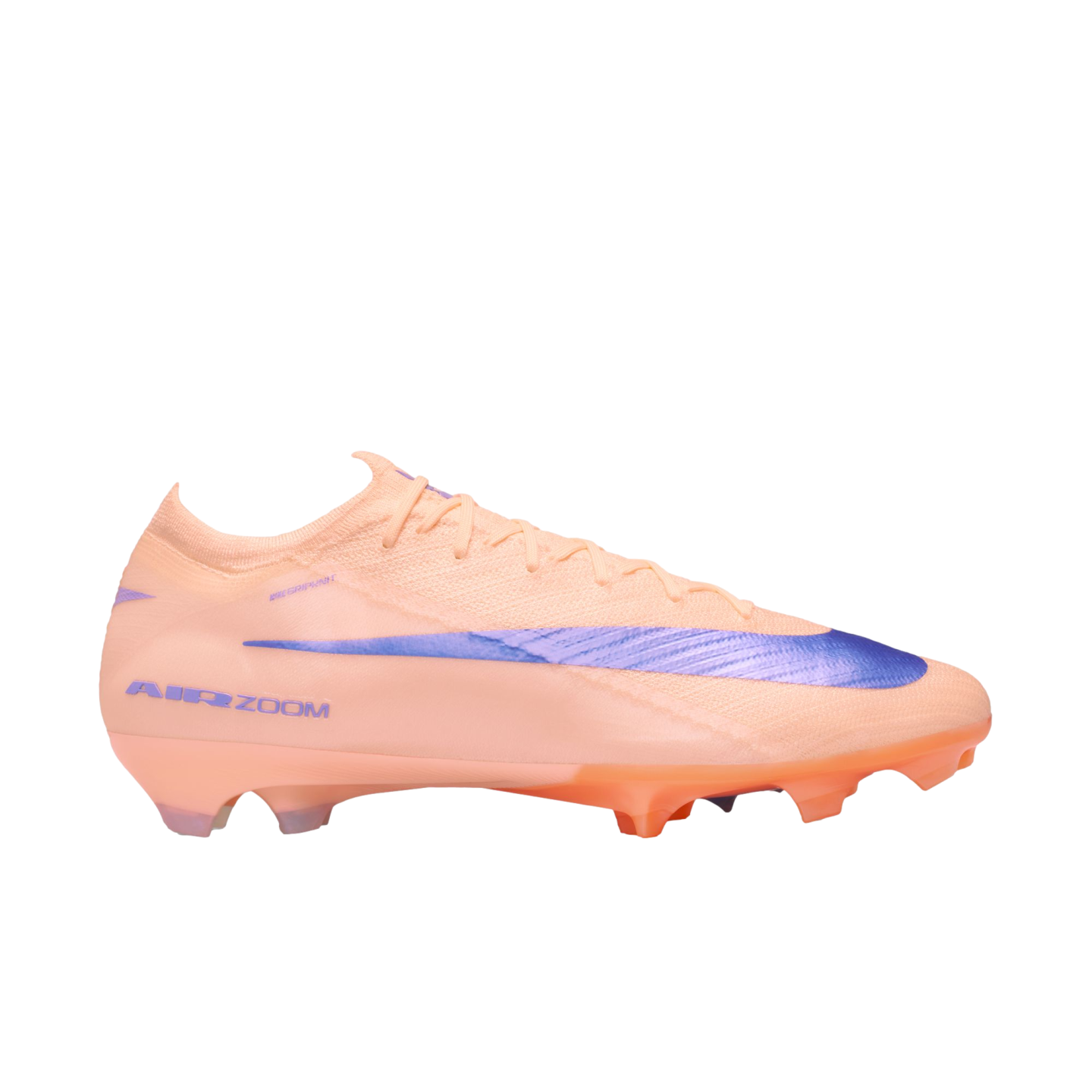 Peach Nike soccer cleat with a large purple swoosh and "AIR ZOOM" text on the heel, shown in a side profile against a black background.