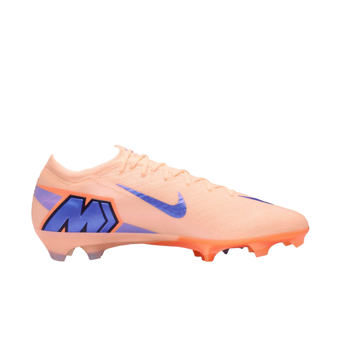 Profile view of a peach Nike Mercurial soccer cleat with a blue swoosh and large "M" logo on the heel, isolated against a black background.