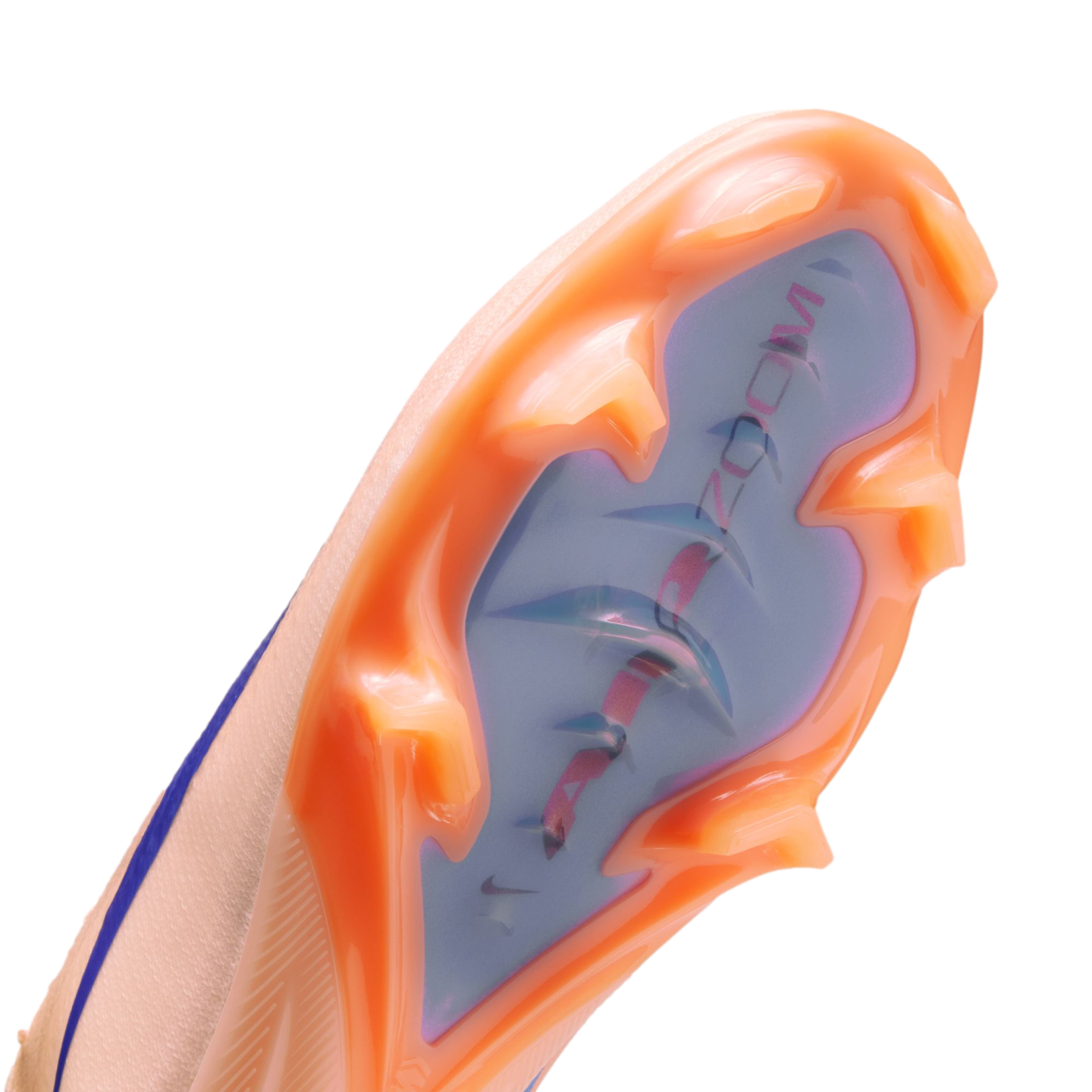 Close-up of the orange and iridescent sole of a Nike Air Zoom soccer cleat, showing the forefoot stud configuration against a black background.