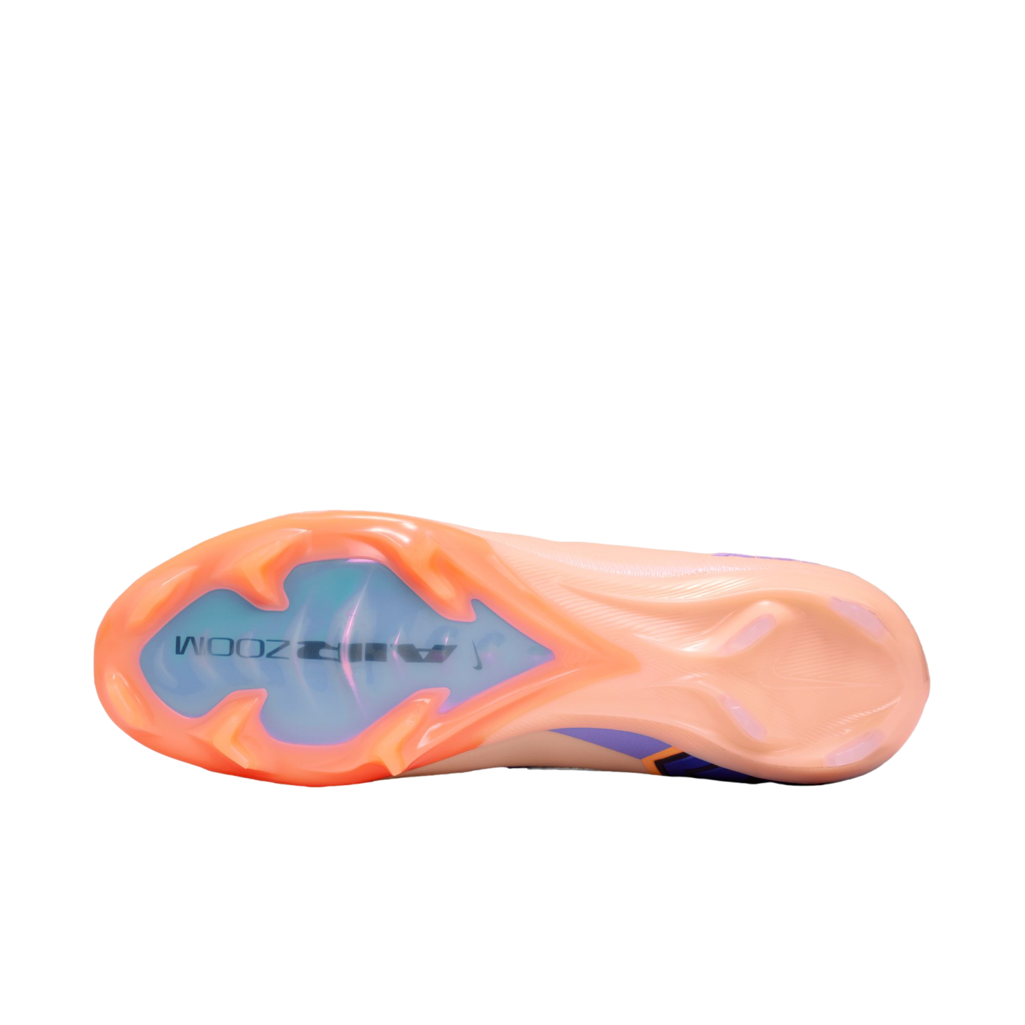 Bottom view of a peach and purple Nike soccer cleat featuring an iridescent blue "AIR ZOOM" forefoot plate and traction studs against a black background.