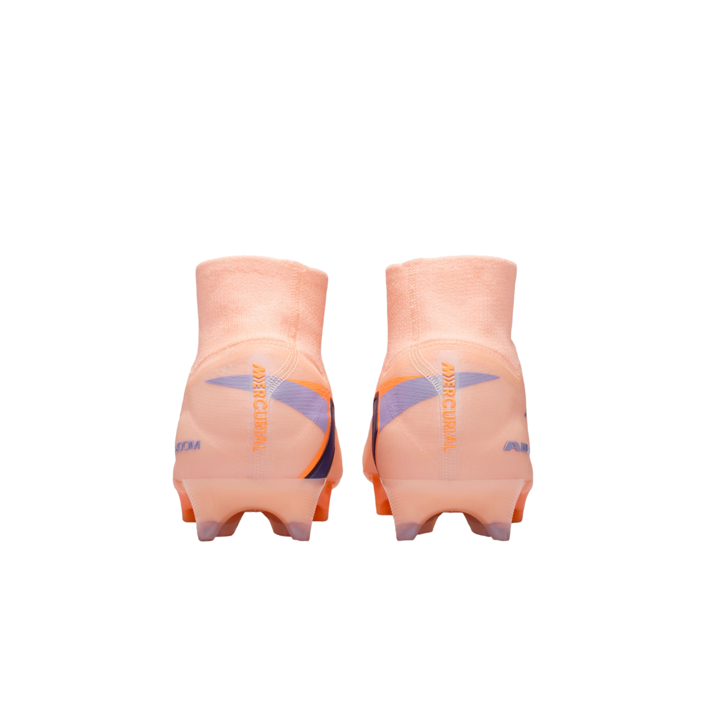 Rear view of peach Nike Mercurial soccer cleats with high-top collars and blue accents, set against a black background.