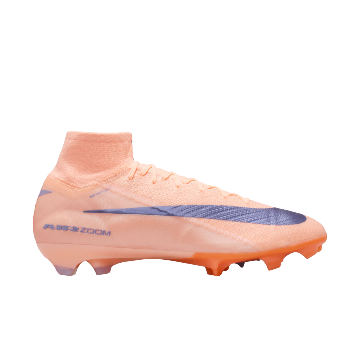 Peach Nike soccer cleat with a purple swoosh, high-top ankle collar, and "AIR ZOOM" branding on the heel, shown in profile against a black background.