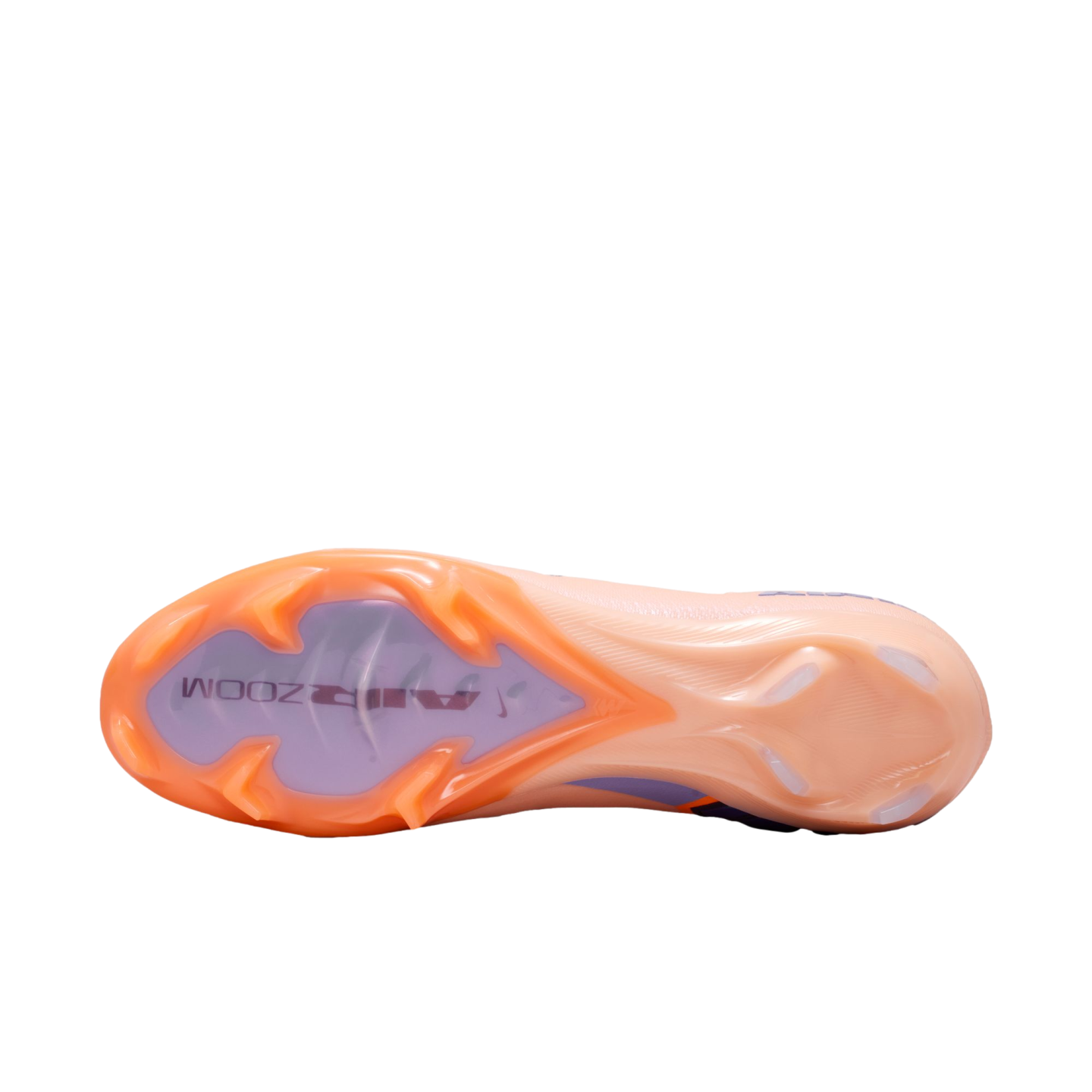 Underside of an orange and lavender Nike Air Zoom soccer cleat, displaying its unique stud pattern and "AIR ZOOM" branding against a black background.