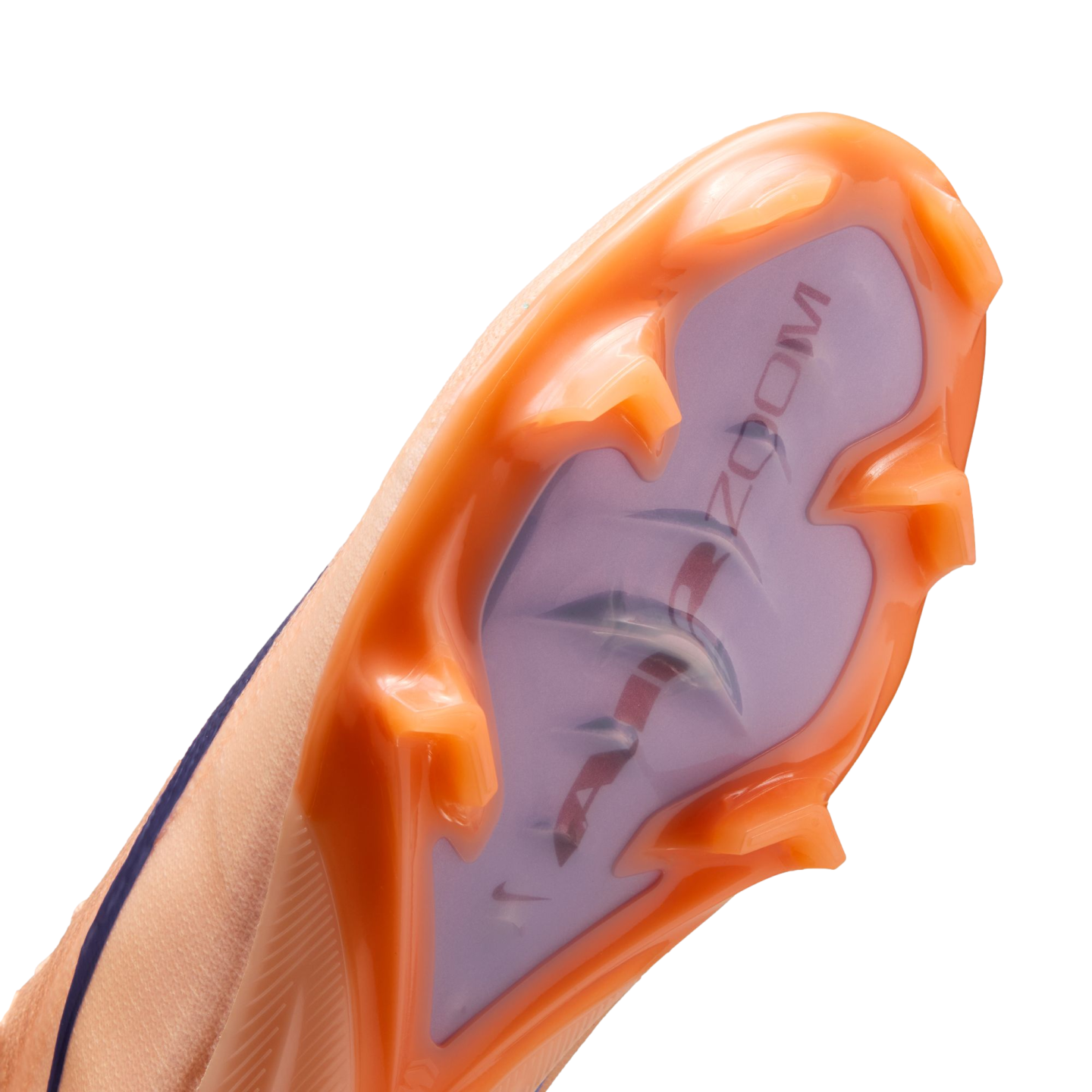 Close-up of a Nike soccer cleat's orange and purple sole plate with "AIR ZOOM" text and translucent studs.