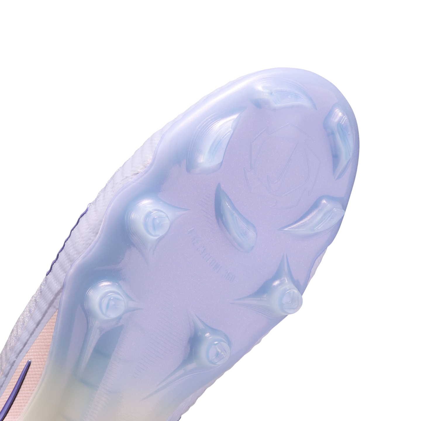 Close-up view of a translucent light purple Nike soccer cleat soleplate with clear studs, featuring "NIKE CYCLONE 360" embossed text.
