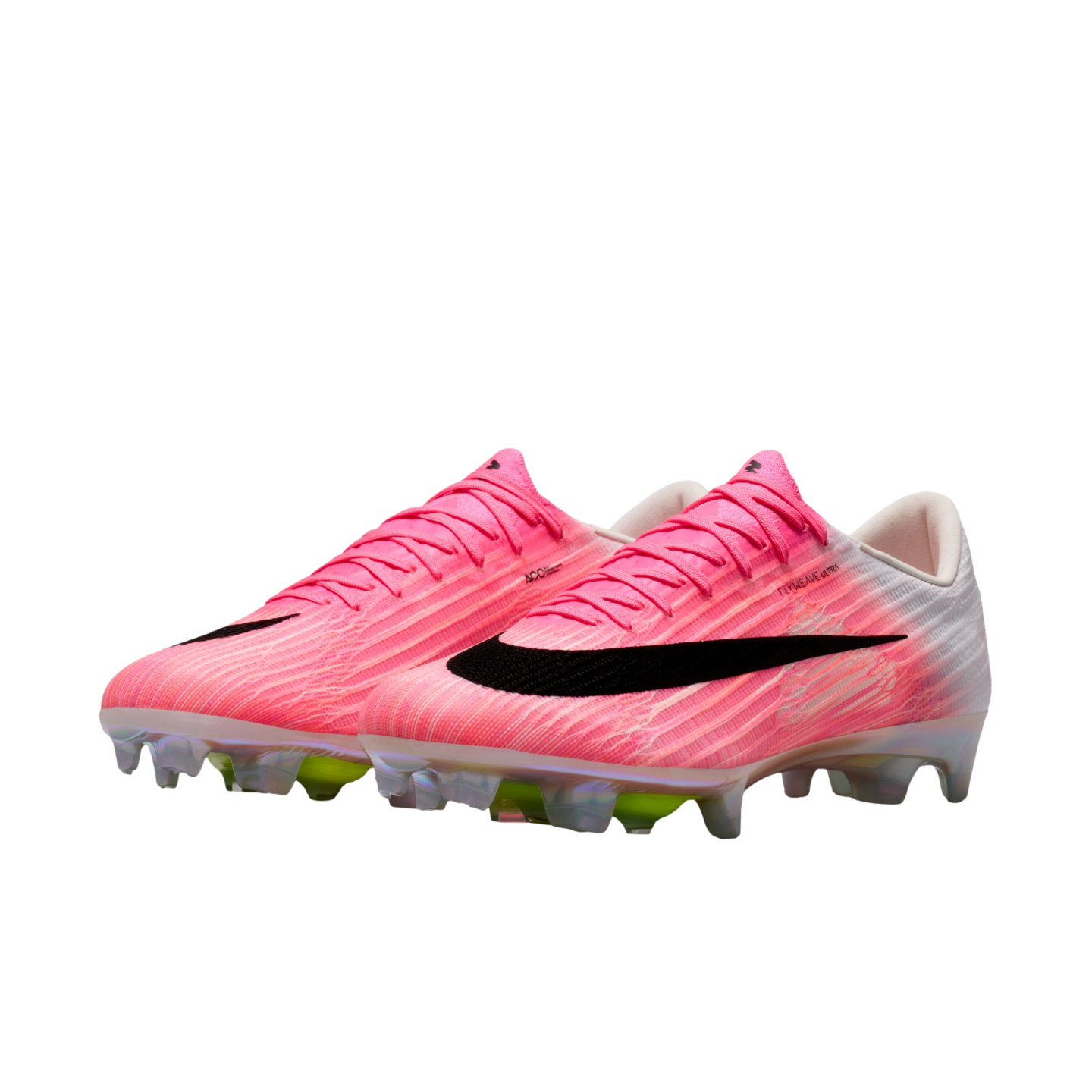 A pair of pink and white Nike soccer cleats with a black swoosh and iridescent soleplate, shown against a white background.