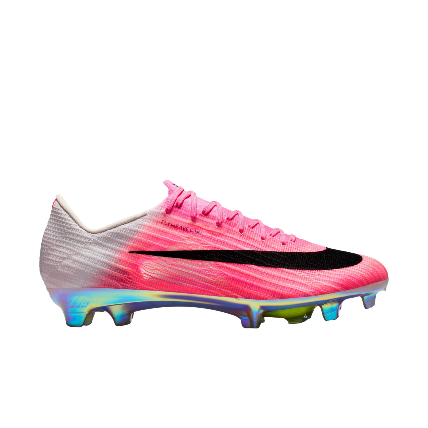 Side view of a pink and white Nike soccer cleat with a large black swoosh and a shiny, iridescent multi-colored sole plate.