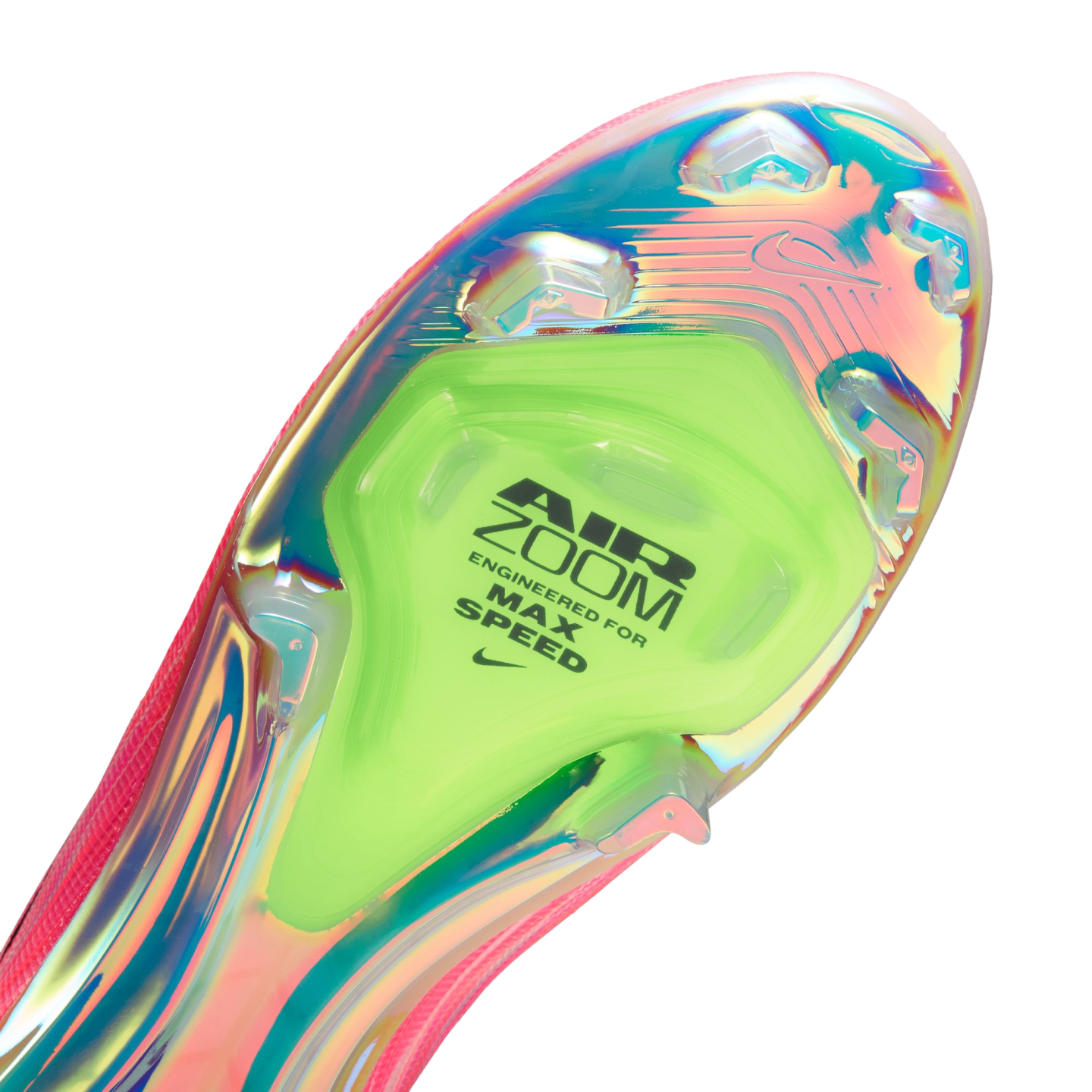 Close-up of an iridescent Nike soccer cleat soleplate with a neon green Air Zoom unit labeled "ENGINEERED FOR MAX SPEED."