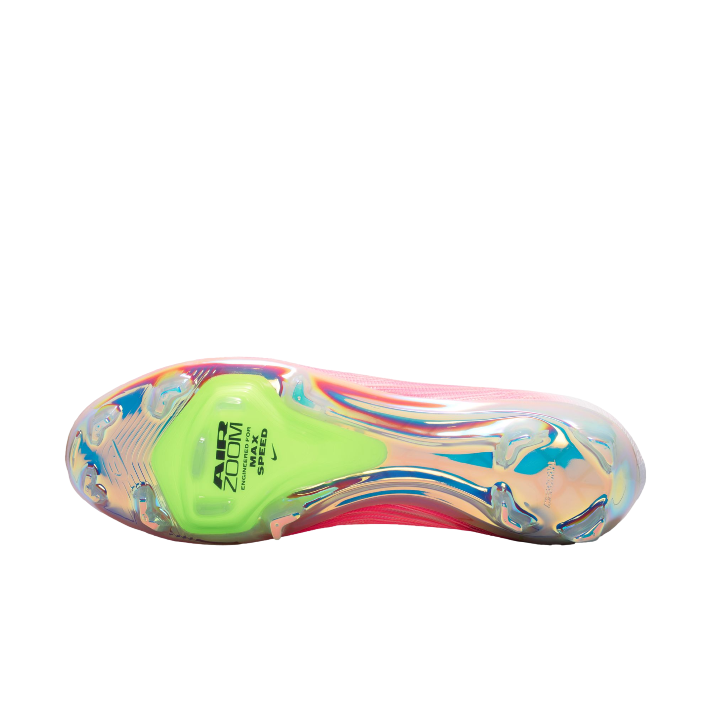 Bottom view of a Nike soccer cleat featuring a holographic iridescent soleplate and a bright lime green Air Zoom unit. The shoe's upper is pink.