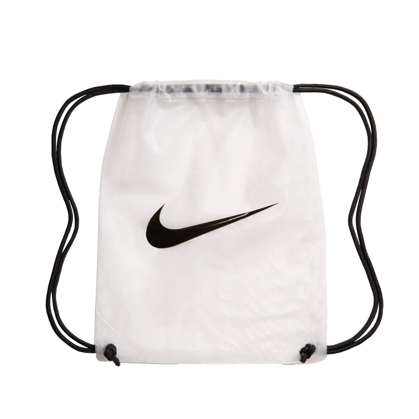 Translucent white Nike drawstring bag featuring a black swoosh logo on the front and black rope straps.