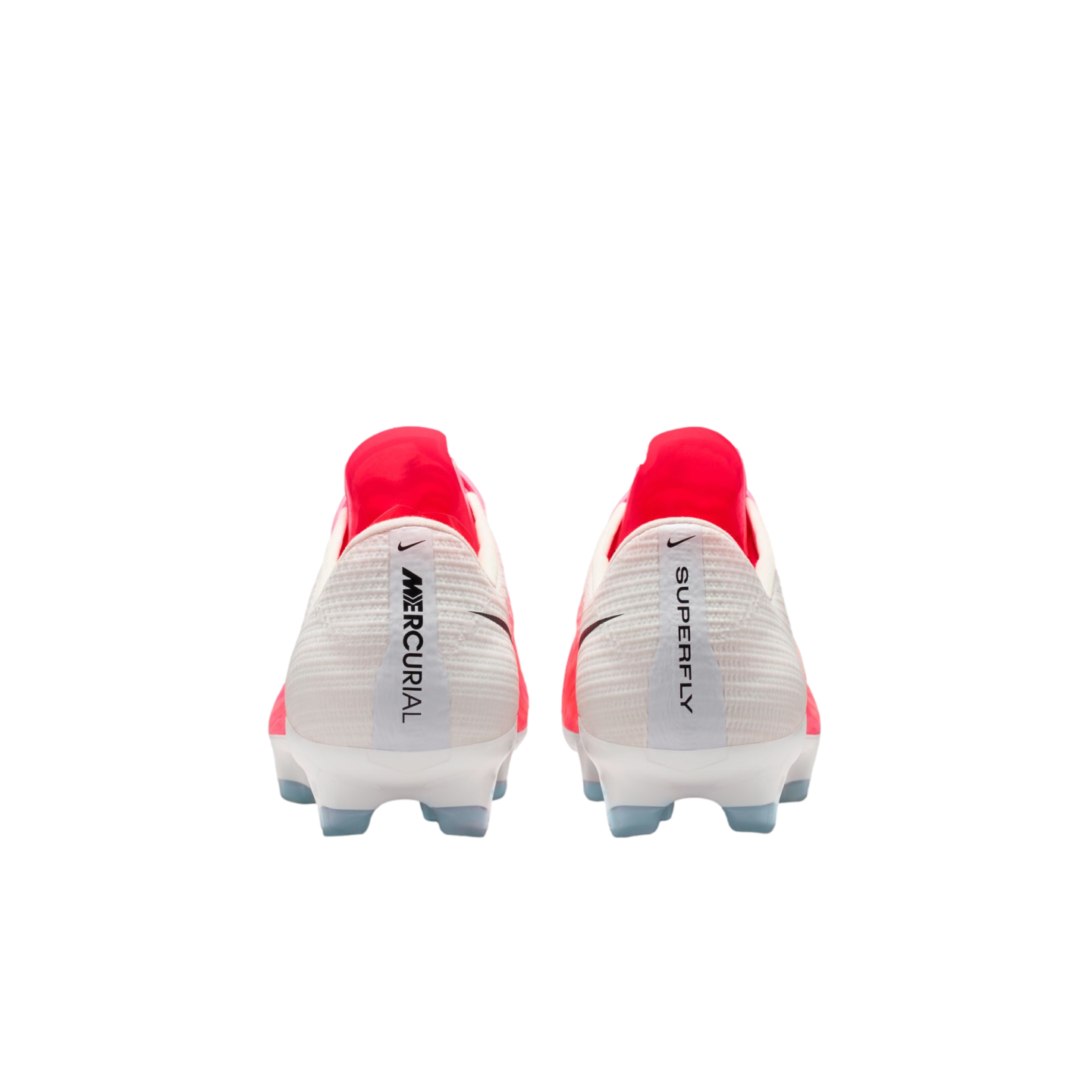 Rear view of white and bright pink Nike Mercurial Superfly soccer cleats showing the heel branding and light blue studs against a white background.