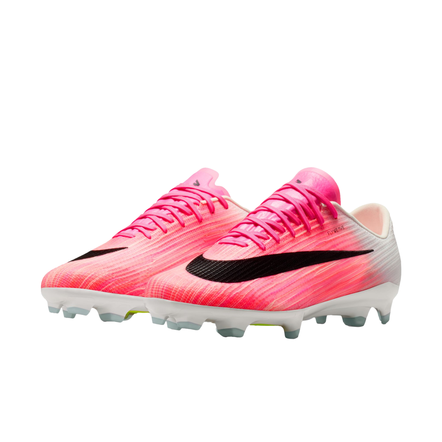 Bright pink and white Nike soccer cleats with large black swooshes and white studded soles, isolated on a white background.