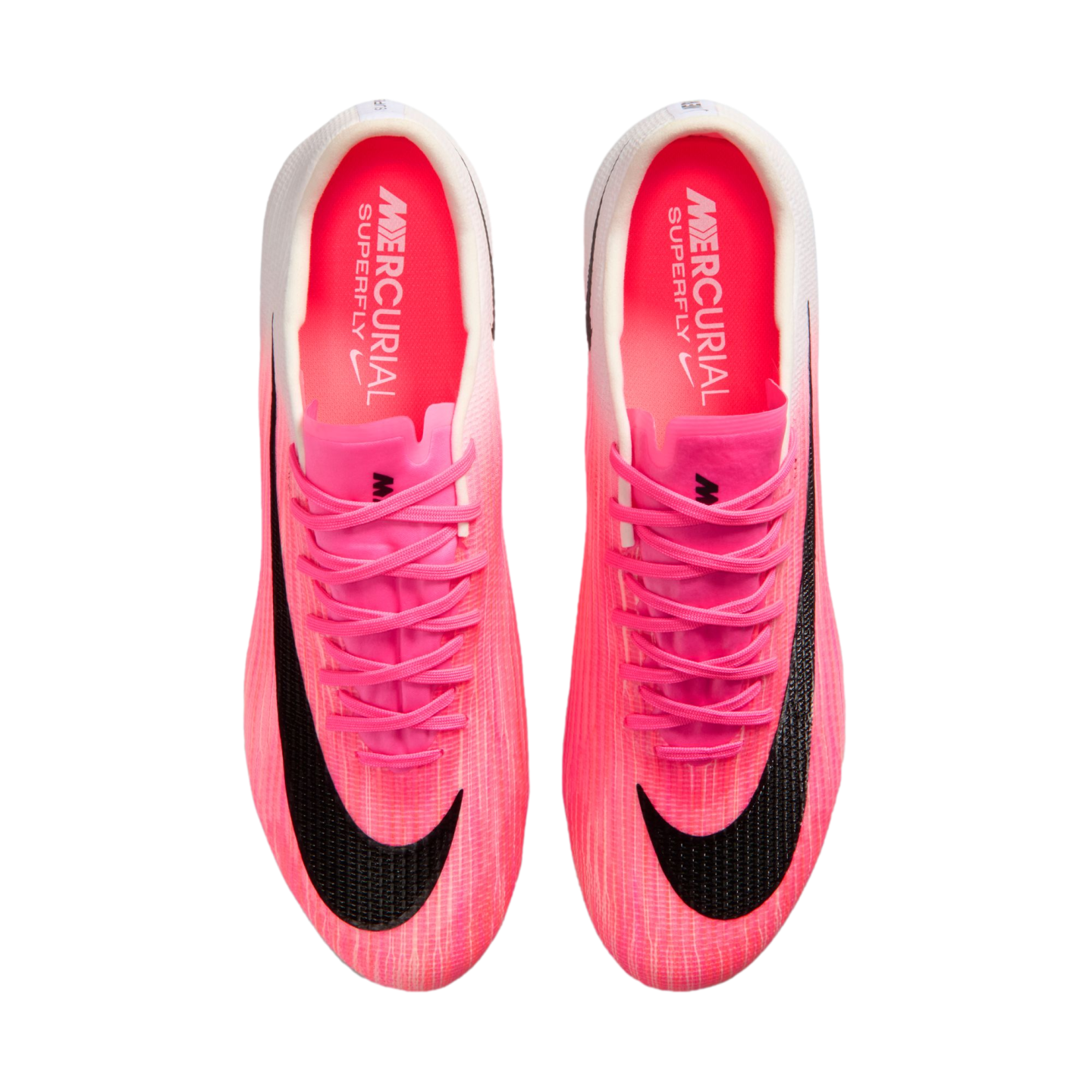Top-down view of a pair of bright pink Nike Mercurial Superfly soccer cleats with black swooshes and matching pink laces.