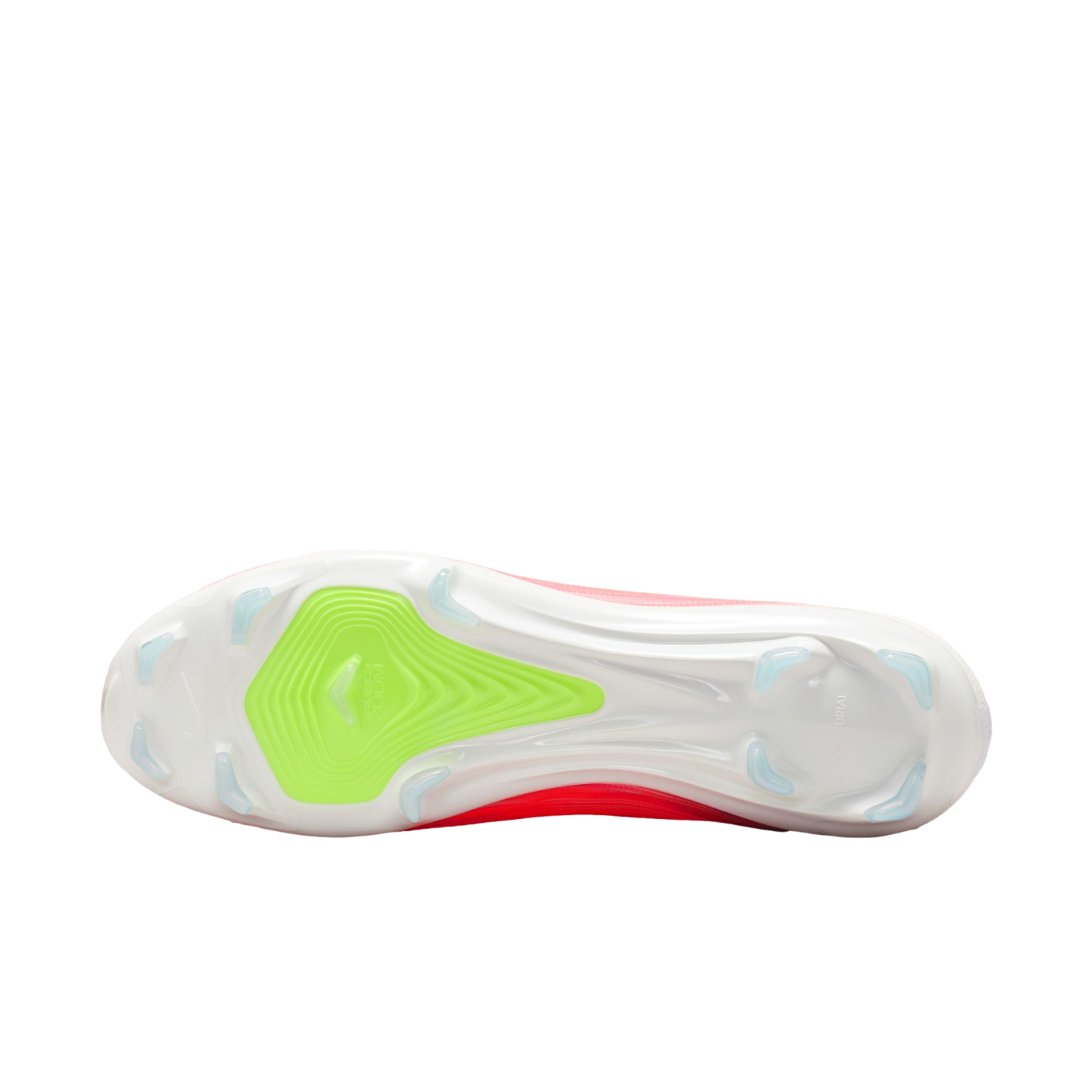 Underside of a white Nike Mercurial soccer cleat, featuring a neon green forefoot plate, translucent blue studs, and bright pink side accents.