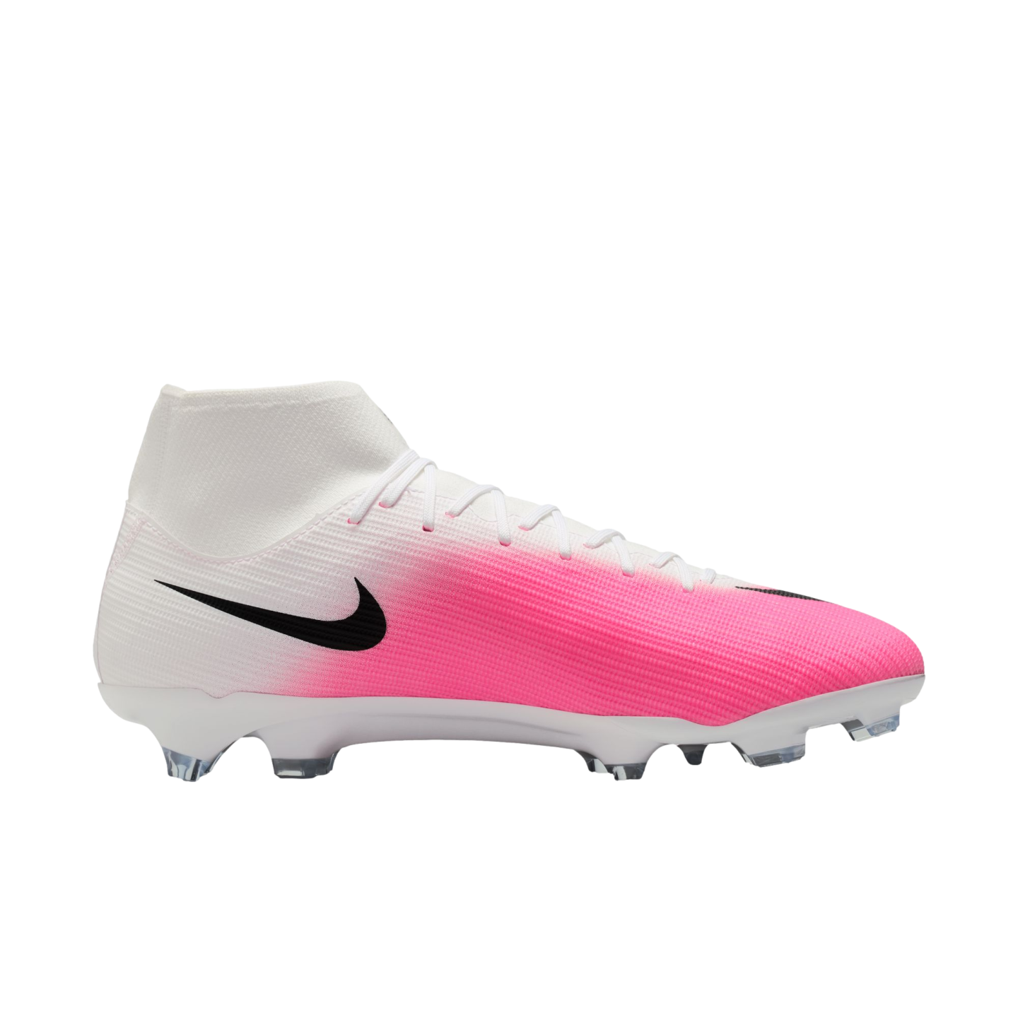 A white and vibrant pink Nike soccer cleat with a black Swoosh and a high-top sock-like collar.