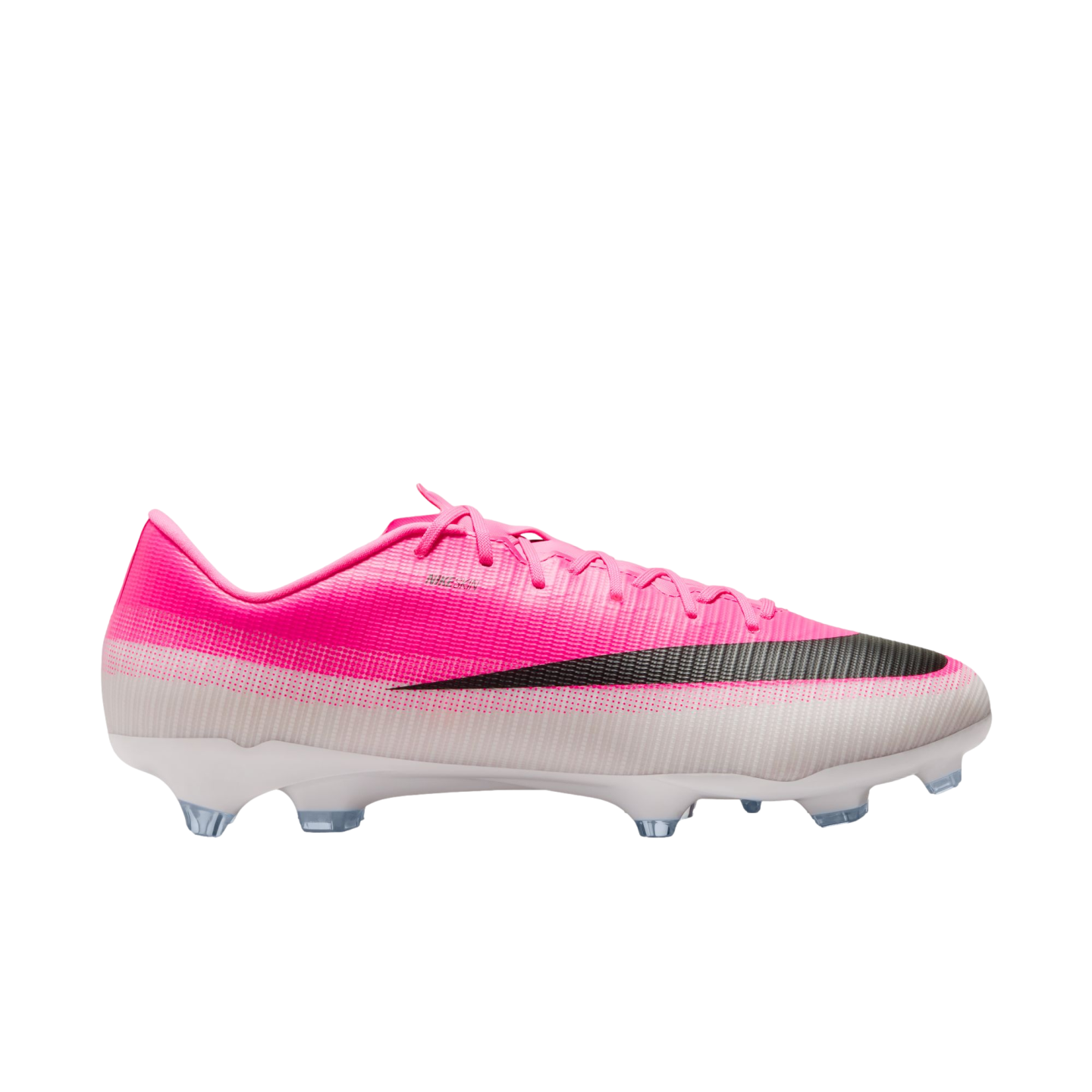 Pink and white Nike Mercurial soccer cleat with a black swoosh and clear studs.