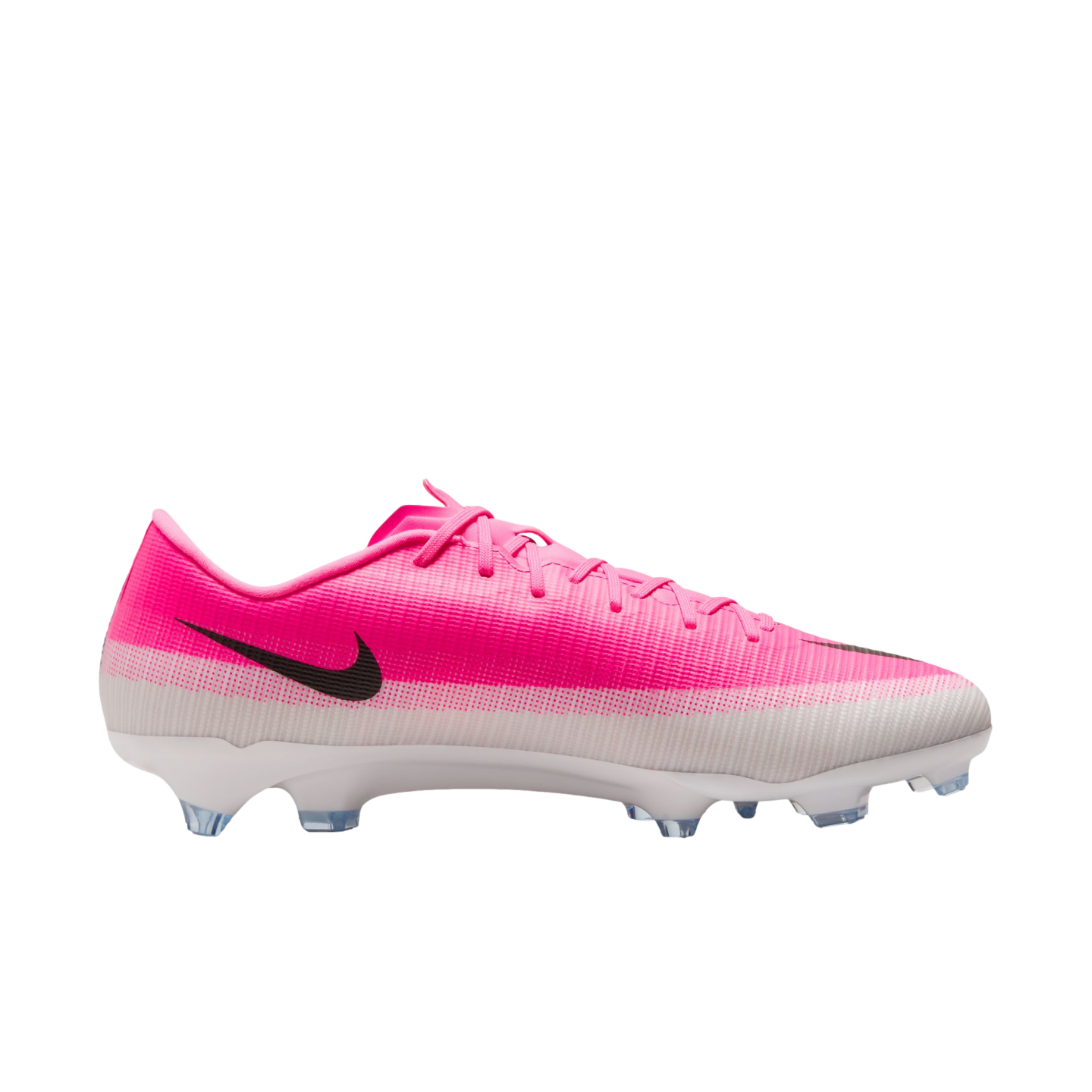 Side profile of a pink and white Nike Mercurial soccer cleat with a black swoosh logo and clear-tipped studs on a white soleplate.