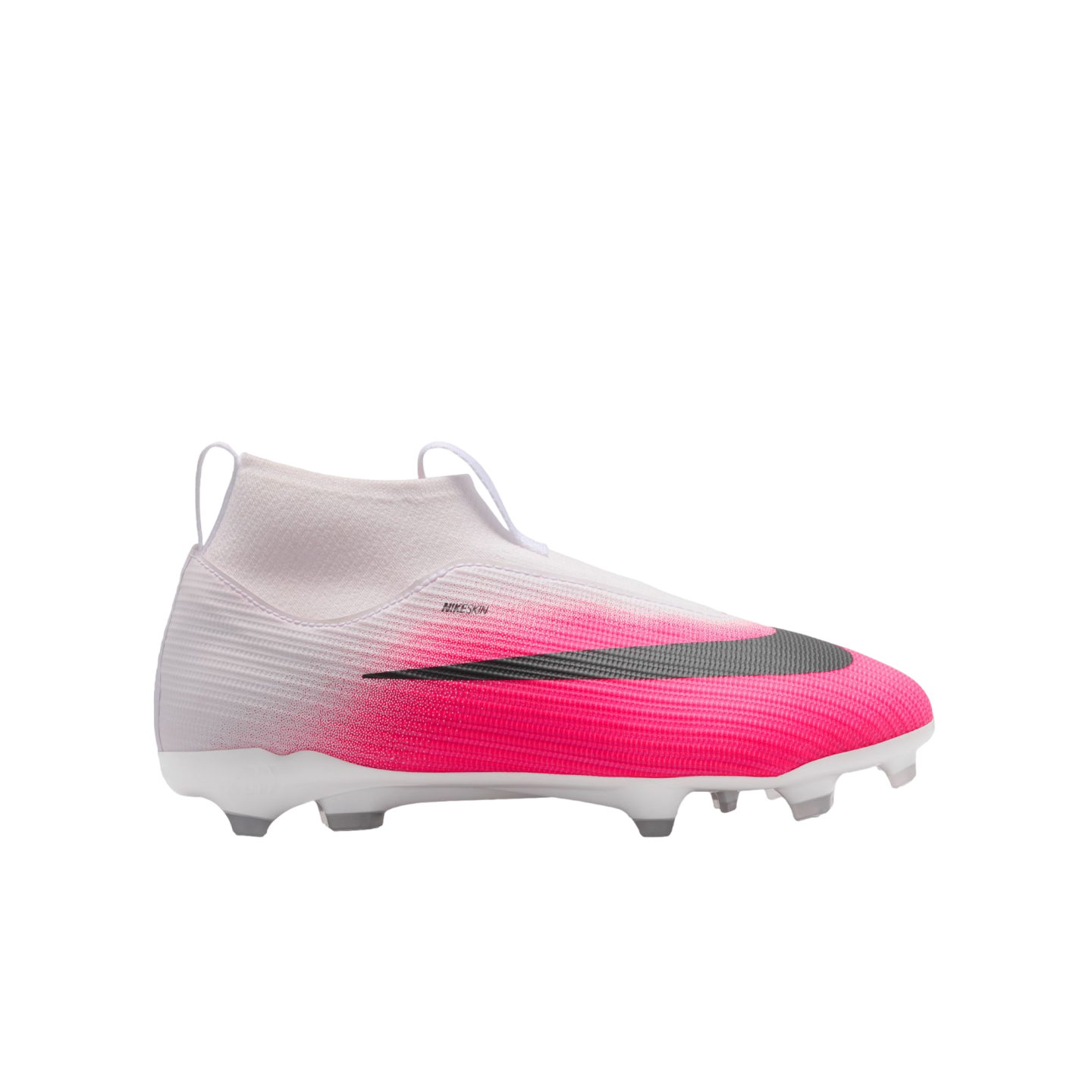 White and pink Nike soccer cleat with a laceless design and high-top ankle collar. Features a large black swoosh on the side.