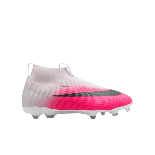 White and pink Nike soccer cleat with a laceless design and high-top ankle collar. Features a large black swoosh on the side.