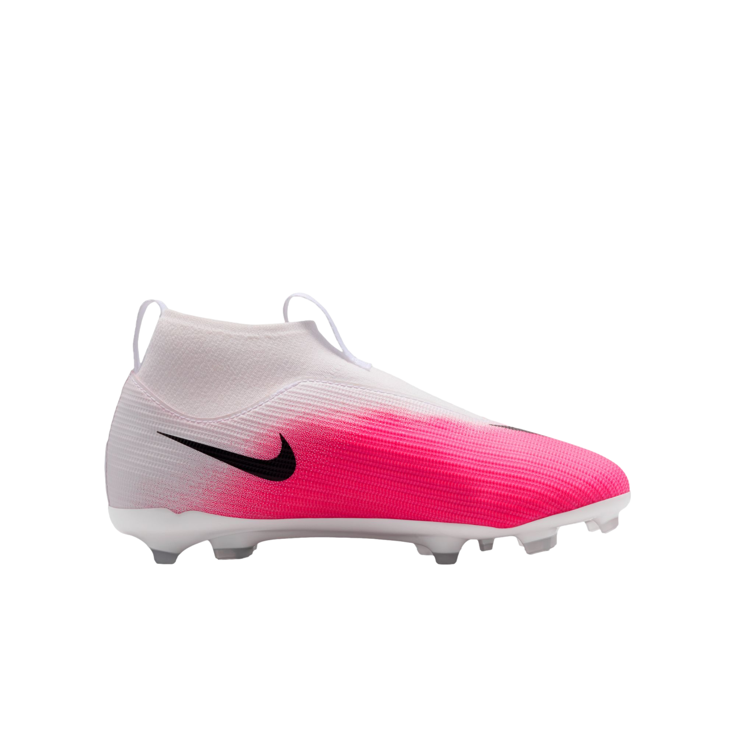 White and pink Nike laceless soccer cleat with a black swoosh and high-top collar, shown from the side against a white background.