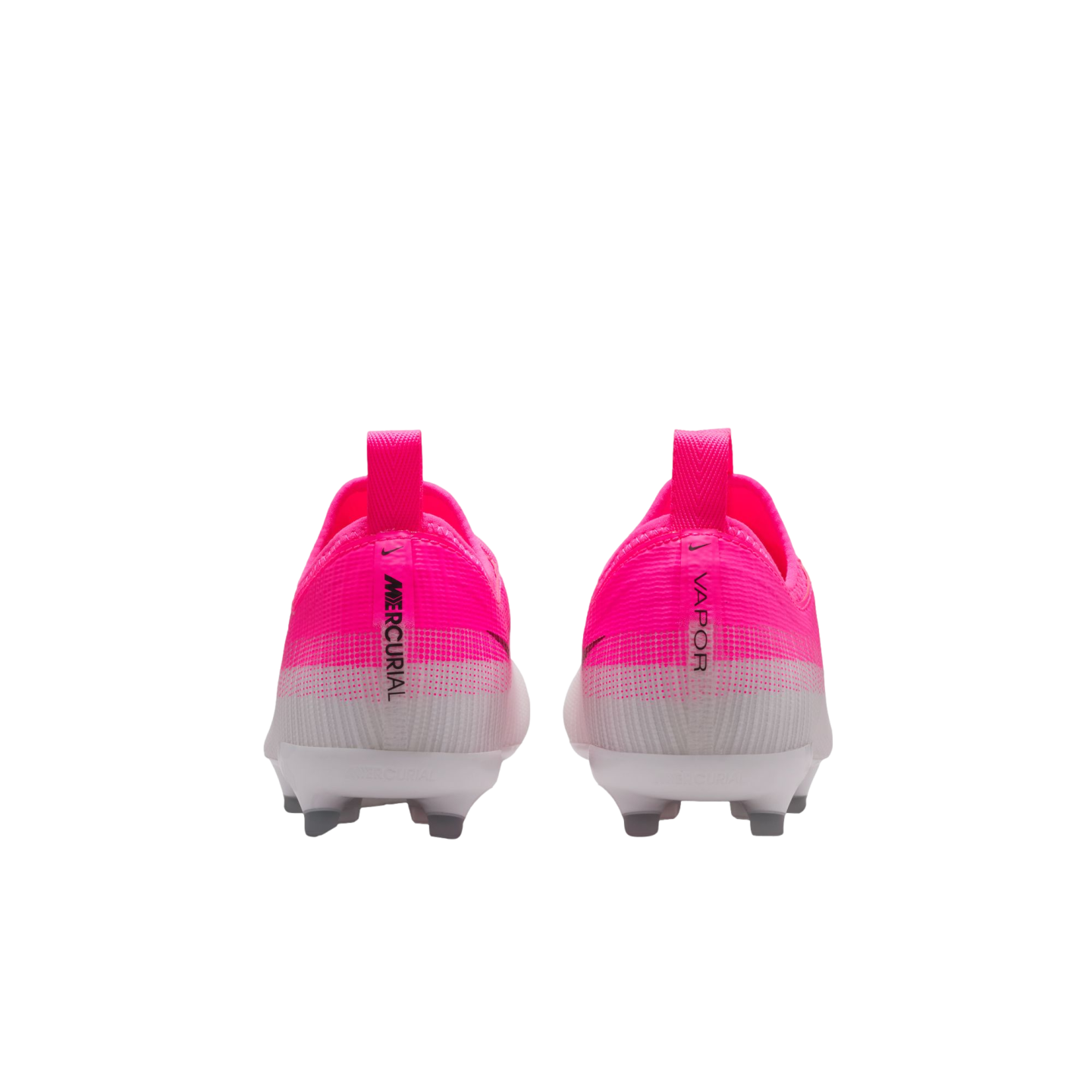 A rear view of bright pink and white Nike Mercurial Vapor soccer cleats against a plain white background.