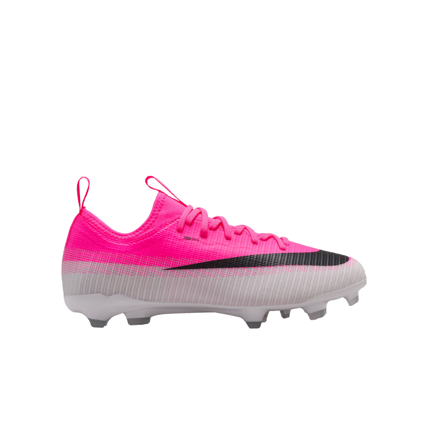 A bright pink and white Nike soccer cleat with a large black swoosh, pink laces, and a studded white sole.