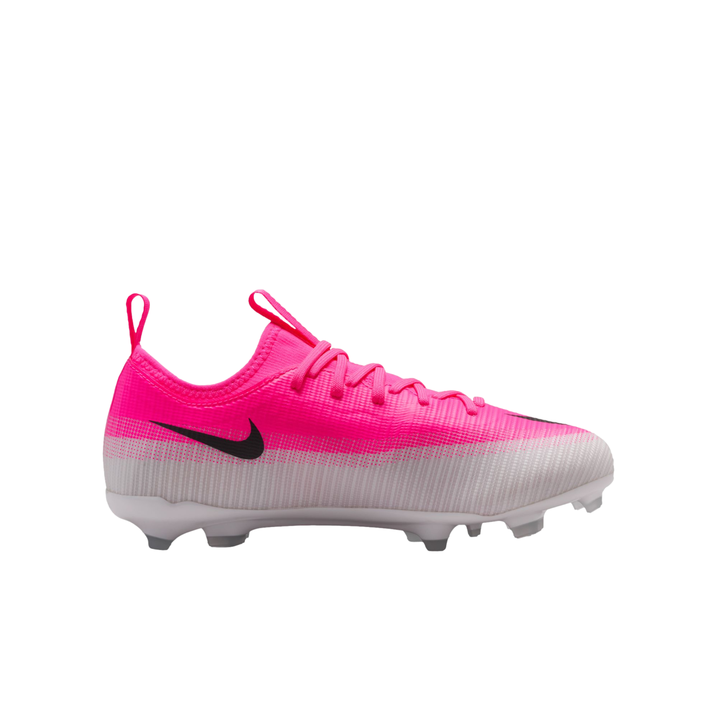 Side profile of a pink and white Nike soccer cleat with a black swoosh and white studded sole, isolated on a white background.