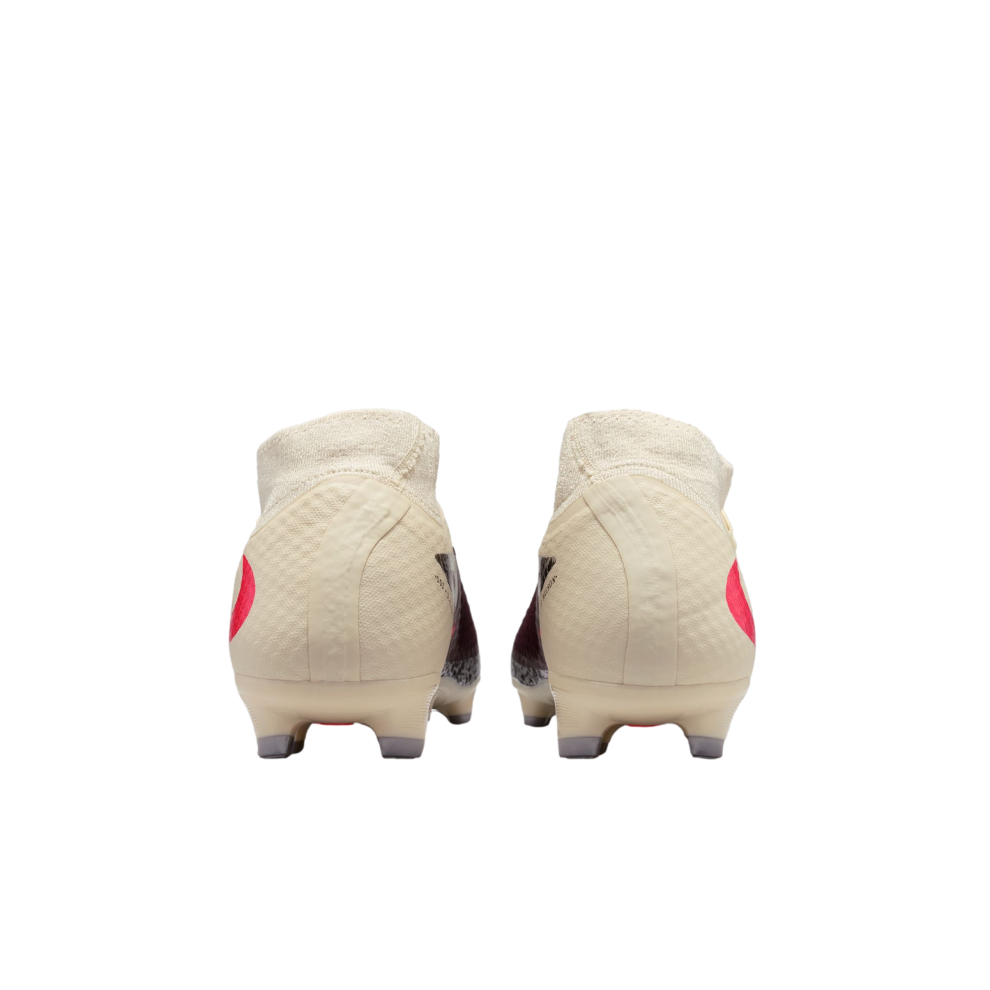 Rear view of two off-white football boots with pink accents and high-top sock collars, shown against a solid black background.