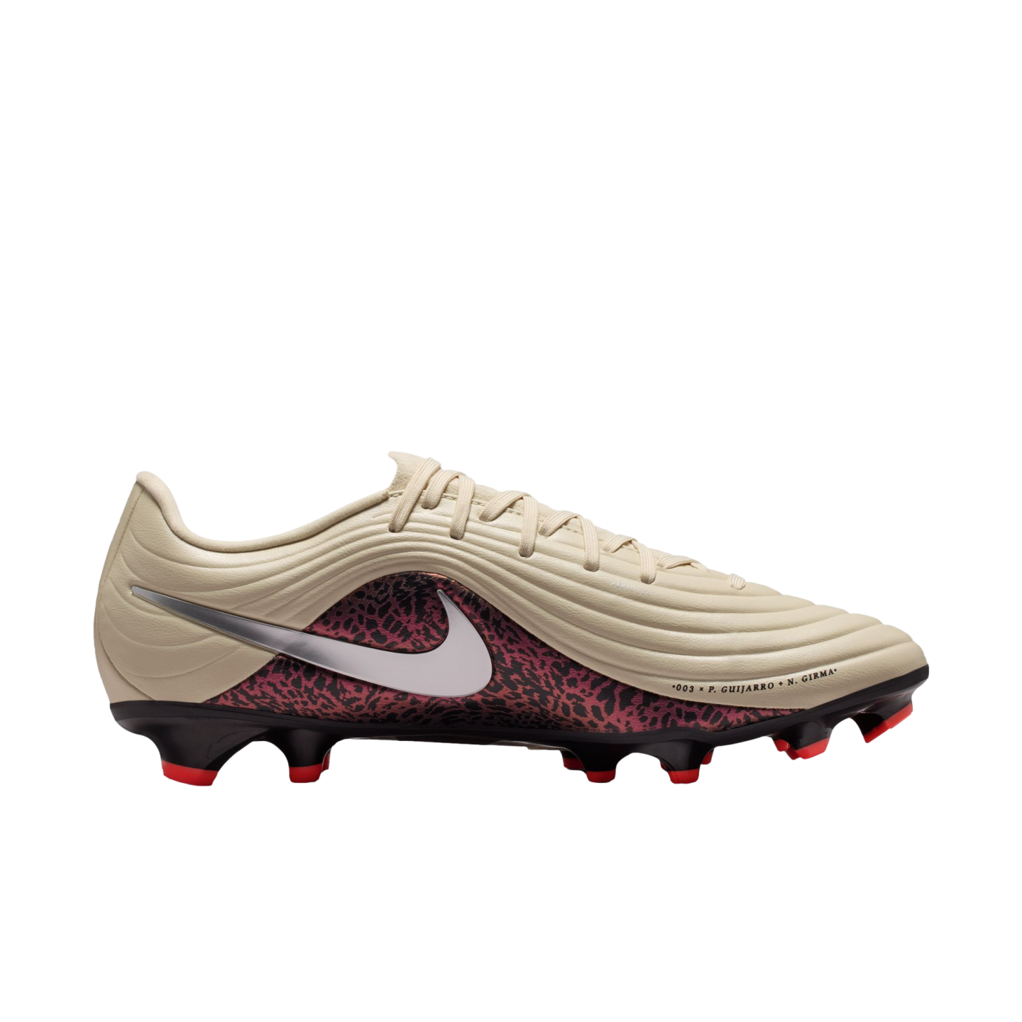 Side view of a beige Nike soccer cleat with a maroon leopard-print panel, a silver swoosh, and a black soleplate with red studs.